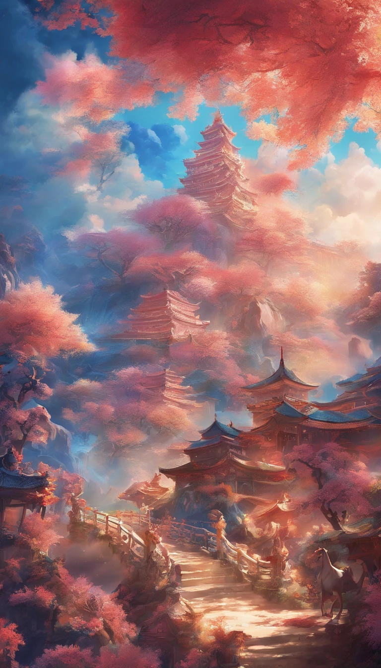 Blue sky in dreams，baiyun，Super ethereal me sky，Thick white clouds，Like white clouds in a fairyland，Dragons fly like phoenix dancing clouds，（ultra-realistic realism），（Unreal style），（8k wallpaper），（light and shadow effect），rendering by octane，White balance design，Extremely detailed picture depiction，wide angles，depth of fields，tmasterpiece，realisticlying，Beautifully depicted，A detailed，acurate，Works of masters，tmasterpiece