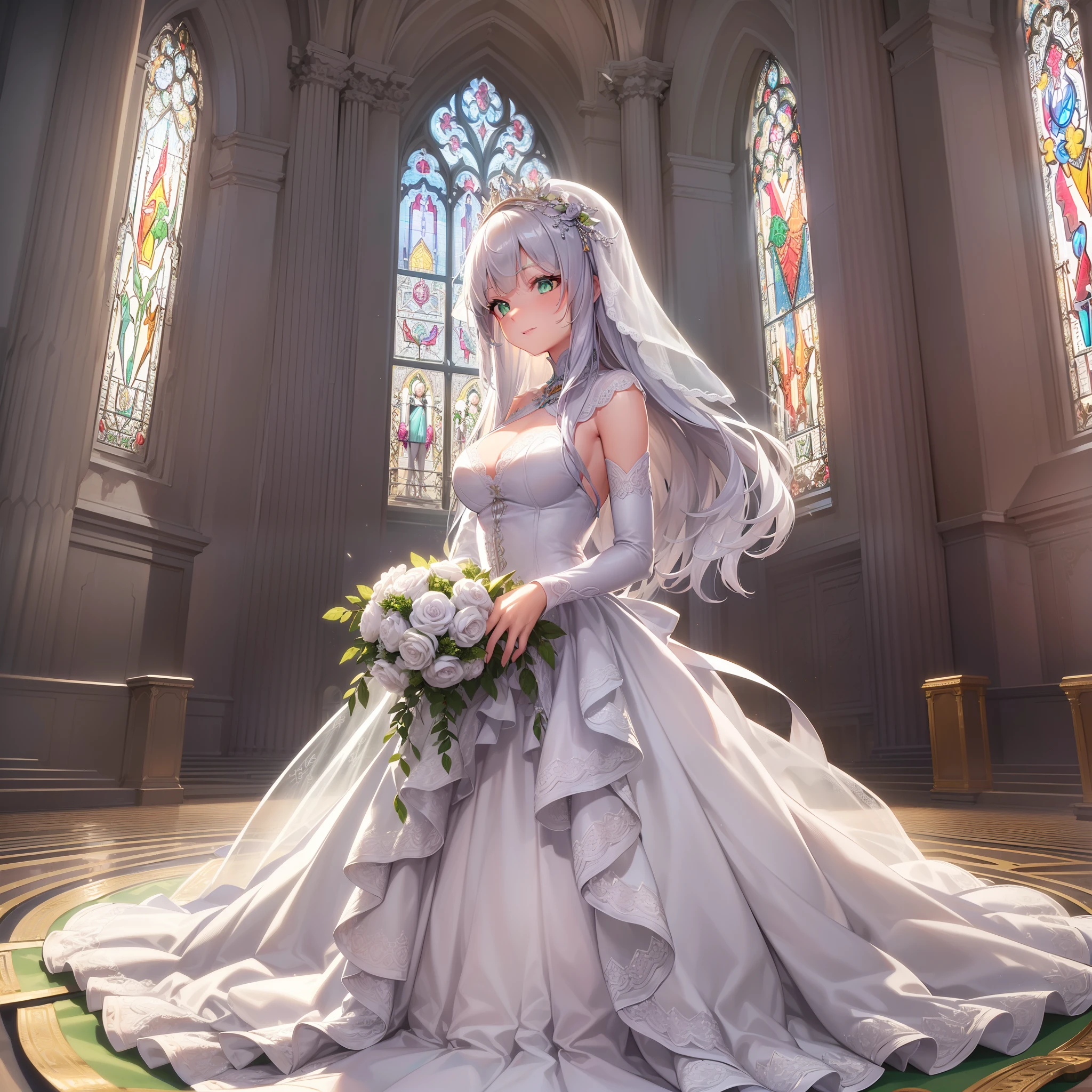 (Highly detailed CG Unity 8k wallpaper, masterpiece, top quality) (Perfectly proportioned hands with one thumb and four fingers) (Adult woman in her early twenties wearing a pure white wedding dress with dense lace) (Shiny silver hair, long hairstyle) Perfect body Golden ratio (shiny emerald green eyes) Smile (Composition where the whole body can be seen) Staring at the viewer (unexposed costume) In front of the church altar