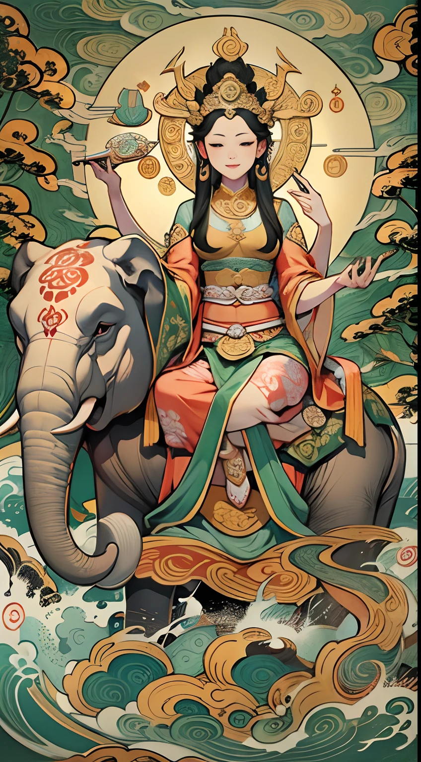 an ancient Chinese goddess, guanyin of the southern seas, Guanyin, Inspired by India, Avalokiteshvara rides an elephant,,Serene expression,shui mo hua,Buddha,Buddhist,Lotus,Chinese painting style,Thangka style