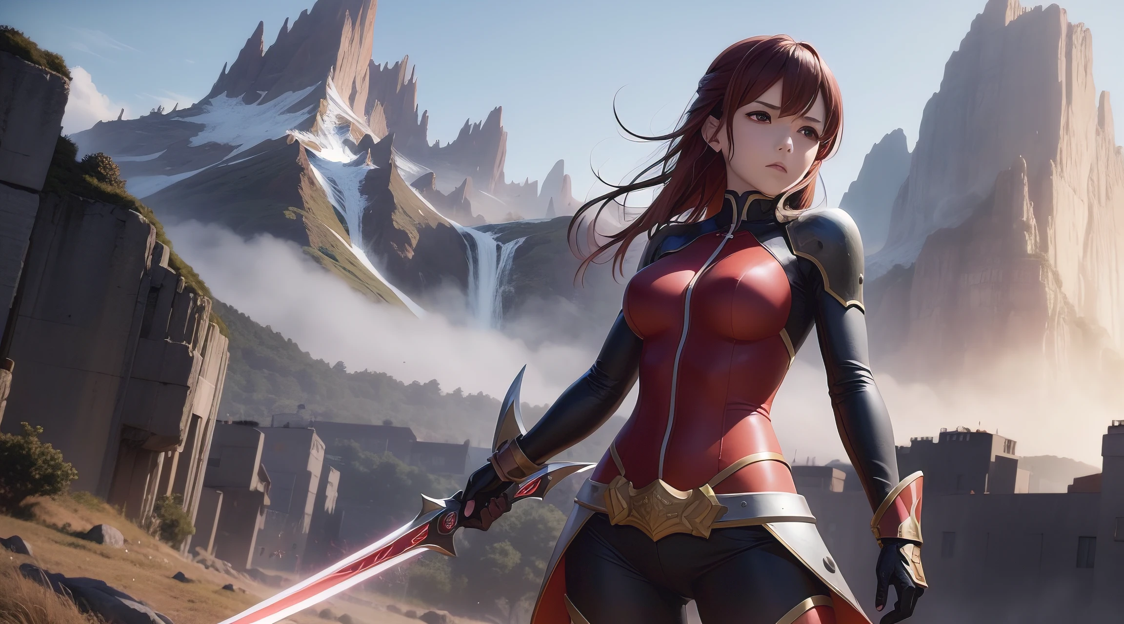 anime - imagem de estilo de uma mulher em uma roupa vermelha com uma espada, Artgerm extremamente detalhado, Anime Art Wallpaper 8K, 4 k manga wallpaper, badass anime 8 k, papel de parede anime 4k, Anime Art Wallpaper 4K, Anime Art Wallpaper 4K, cushart krenz arte chave feminina, Estilo anime 4K, female action anime girl, with mountainous environment with dragons in the background of blurred image