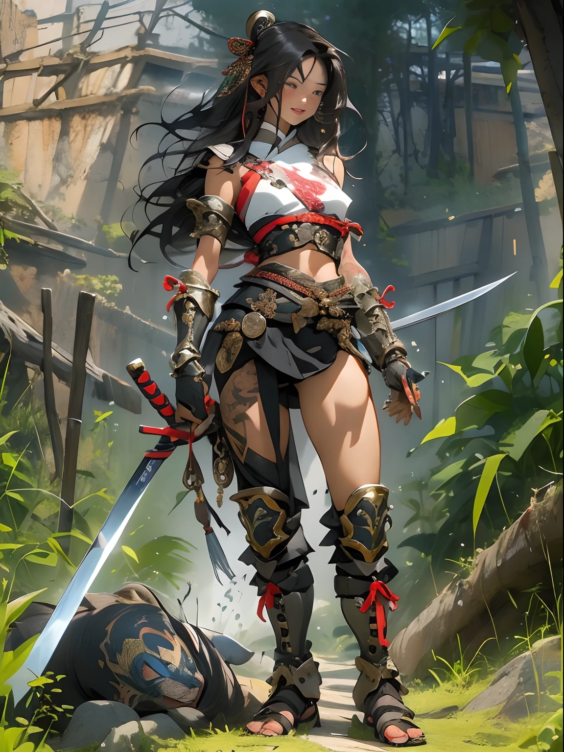 (One Japanese woman)、(squat)、(Drawing the sword)、(Black Hair)、(Long ponytail)、((Warrior Princess))、((Female Generals))、(Goddess of War)、((Old Japanese Armor))、((Holding the Japan sword))、(True to prompts)、(Deluxe)、(Feminine hourglass curves)、(Muscular)、(Glaring with sharp eyes)、(sexy)、(((Huge huge breasts))),(Big Ass)、(Thick thighs)、(Outdoor)、(what&#39;Left behind)、((Many people々々々))、(sunny)、(blue sky)、(Best lighting)、{{{Browsing Caution}}}、{{{masterpiece}}}, {{{Highest quality}}}, {{ultra-detailed}}, {{shape}}, {{{Very delicate and beautiful}}},{{extremely detailed CG}}、{{unity 8k portrait}}、{{Fabric Shading}}、{{super detailed skin}}、{{Perfect Anatomy}}、{{detailed}}、{{Dynamic Lighting}}、{{{beautiful detailed eyes}}}、{{{beautiful detailed Face}}}、{{{Realistic, RAW Photos}}}、(Perfect Face)、(非常にdetailedな顔)、(Perfect Eyes)、(Perfect Legs)、(Perfect breasts)、(Perfect pose)、(Perfect body)