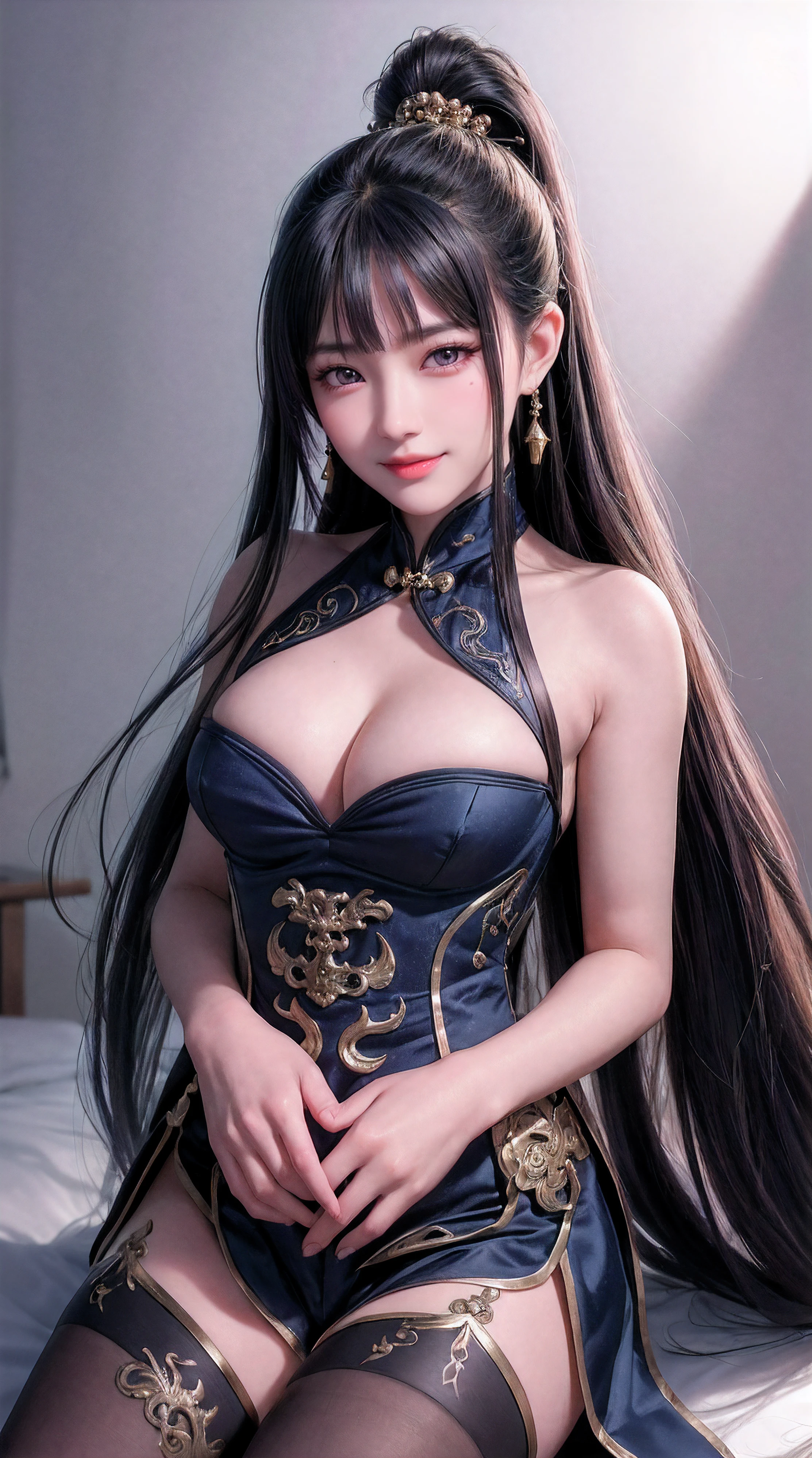 (from front:1.5),POV,China,Dark Big Oriental eyes,Black long hair gathered in a Chinese ponytail,metal shoulder,Blend of blue gold,white Pattern, Dragon Pattern,arms behind back,hands behind heads, black lence stockings,Strangle,smile,ultra high res, (photorealistic:1.4), raw photo,16K,dramatic lighting,small breast,