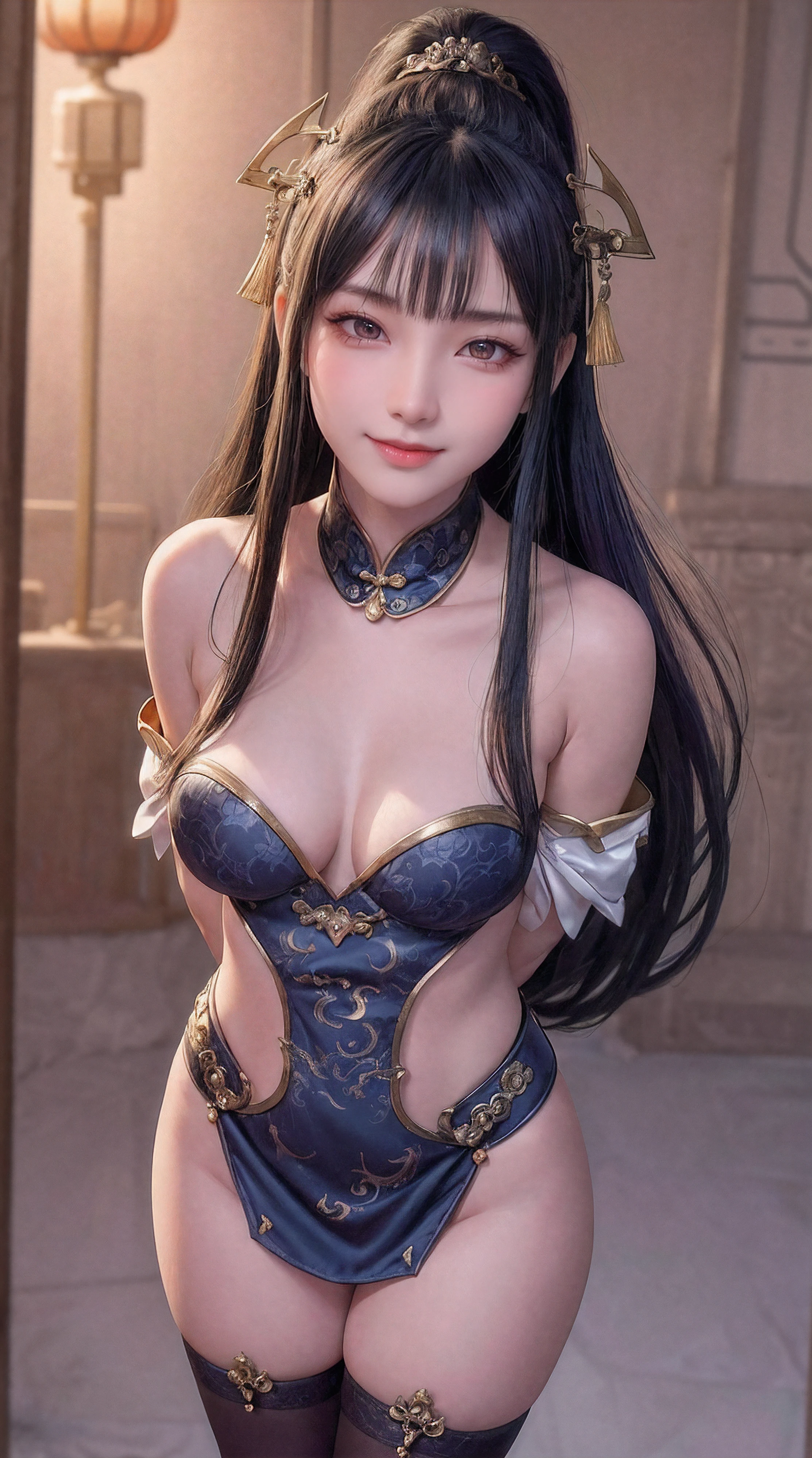 (from front:1.5),POV,China,Dark Big Oriental eyes,Black long hair gathered in a Chinese ponytail,metal shoulder,Blend of blue gold,white Pattern, Dragon Pattern,arms behind back,hands behind heads, black lence stockings,Strangle,smile,ultra high res, (photorealistic:1.4), raw photo,16K,dramatic lighting,small breast,