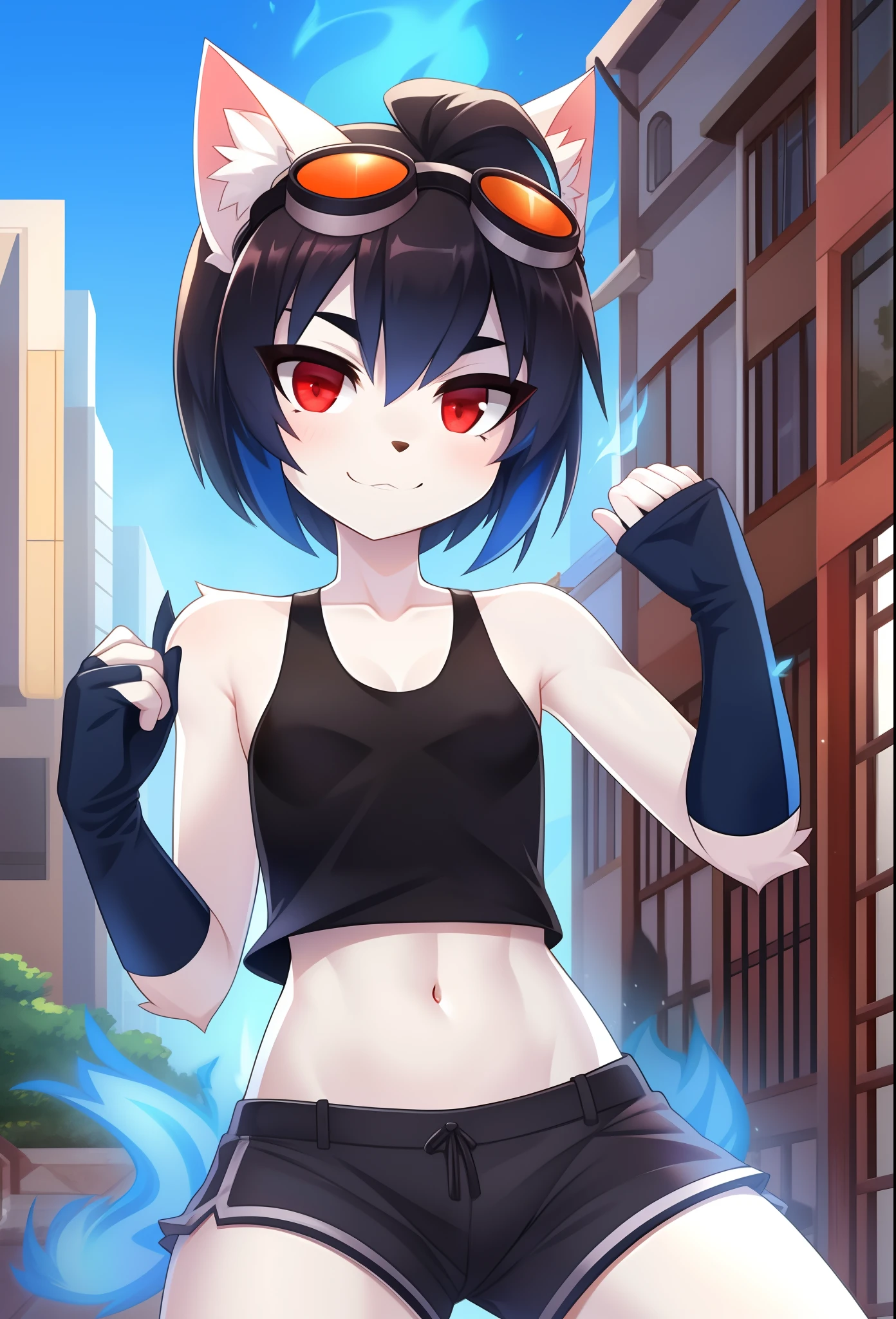 score_9,score_8_up,score_7_up, source_cartoon, source_furry, furry girl, cat, black hair, short spiky hairstyle, hair covering one eye, black eyeshadows, short spiky ponytail, anime style, small breasts, red eyes, Big eyebrows, ((goggles, black tank top, midriff, gray shorts, fingerless gloves)), city street, sunny sky, high quality, detailed body, detailed eyes, detailed face, masterpiece, glistening body, detailed body fur, best quality, white body fur, skinny, sassy face, gothic, spectacular effects, :3, gorgeous body, motion blur, uperbody,