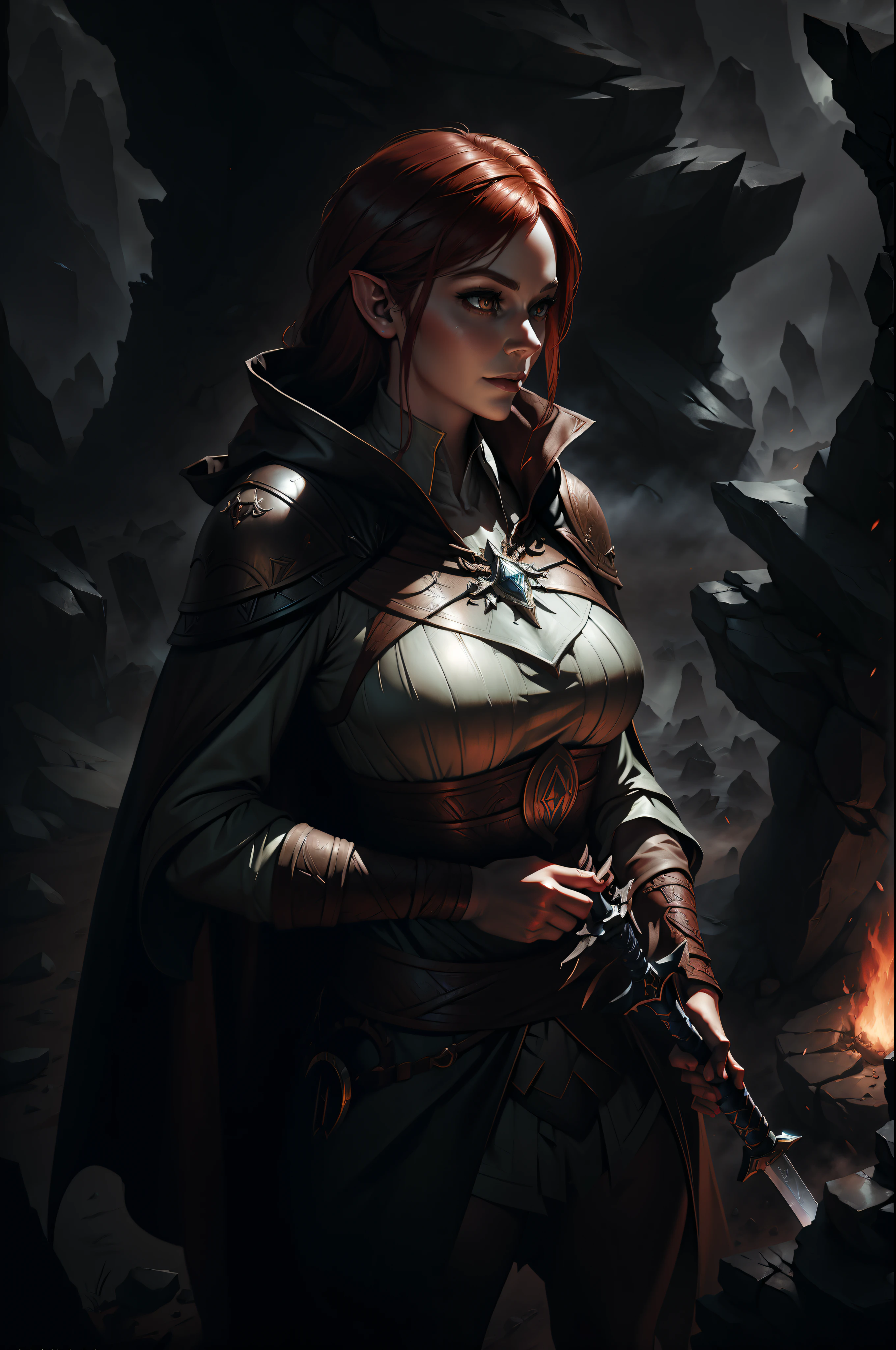 An elf with a sword in a dark cave with rocks and sky, cloak, stunning character art, epic exquisite character art, alexandra fomina artstation, Artstation contest winner, Amazing 8K character concept art, female redhead templar, wojtek fus, dark fantasy style art, character splash art, epic fantasy digital art style, Concept art of "The Witcher", Triss Merigold