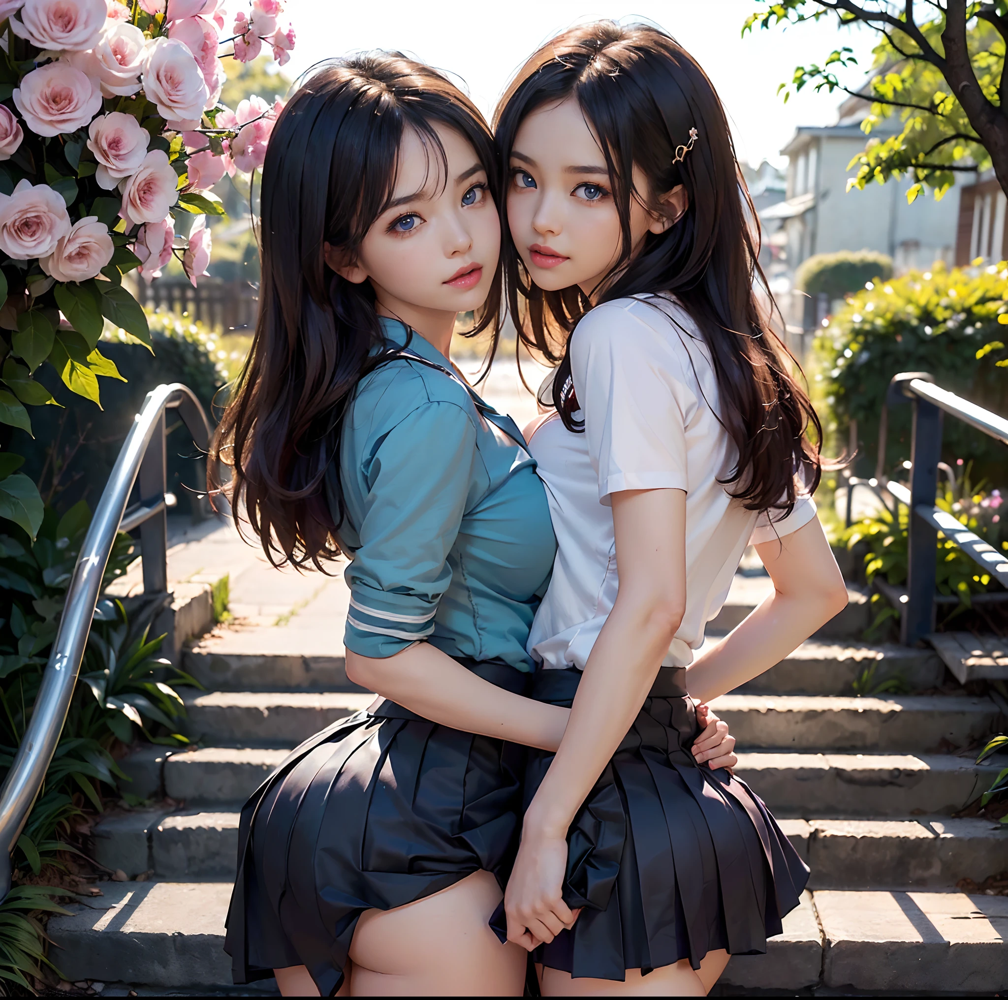 (top-quality)、 (masterpiece)、(profetional lighting)、 (Bewitching:1.5)、 (A hyper-realistic)、(Stylish), (intricate detailes)、 (Perfect anatomical depiction of the human body)、(Girl standing proudly in front of camera with chest turned、Another girl on the other side is pointing her ass at the camera), ( Huge breasts:1.2), (Beautiful, Smooth, Bright whitening skin without wrinkles and steps,:1.3), (Beautiful bright blue eyes with dazzling squinting long eyelashes and red tear bags)、(shiny little lips)、 (Brunette's half-up hair shines in the backlight), (Wearing a micro mini skirt on a schoolgirl uniform:1.2)、(Girls' high school uniforms are very cramped due to large breasts, however、The upper body hides the skin without gaps、Eta、It is a design that beautifully complements the big buttocks....:1.6), (This is a photo taken with squinted eyes and a cute smile....), (In one hand, Flipping up the skirt、Put your fingers on your proud crotch and show it off from the front:2.0), (The other girl on the other side turned away、Showing off your proud super big ass from directly behind.、Bend over and expose her ass:1.3), (the face is chubby), (They touch face to face、Kissing:1.3), (A detailed face), (Shot in a garden full of flowers:1.2),
