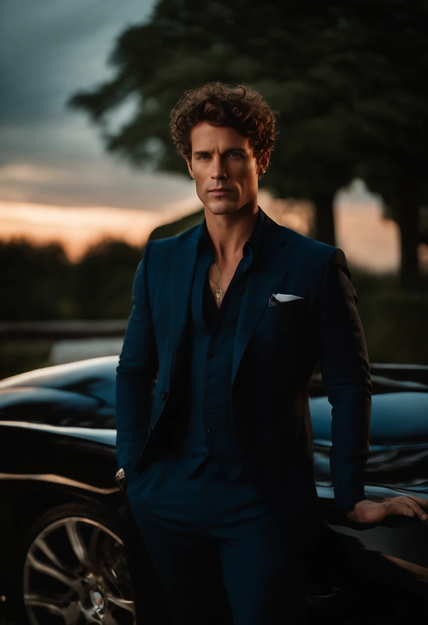 corps entier, wide-angle photo close-up portrait of the body of a handsome man , Grand et en forme, (40 ans:1.1), (shaven:1.2) , (very short brown hair and a little curly:1.5),(very short hair:1.6). (Tight suit in dark blue velvet:1.3). (posing outside the mansion with a luxury car:1.1),Cold and dark sunset at dusk, (Edge Light:1.1),(Concentrez-vous sur les yeux), (Regard fier), (hard light on the skin:1.2), (ombres dures, dark themed, Contraste profond:1.1), (photographie de portrait par Annie Liebovitz), Dark mint theme and choral aesthetics, (skin imperfections)