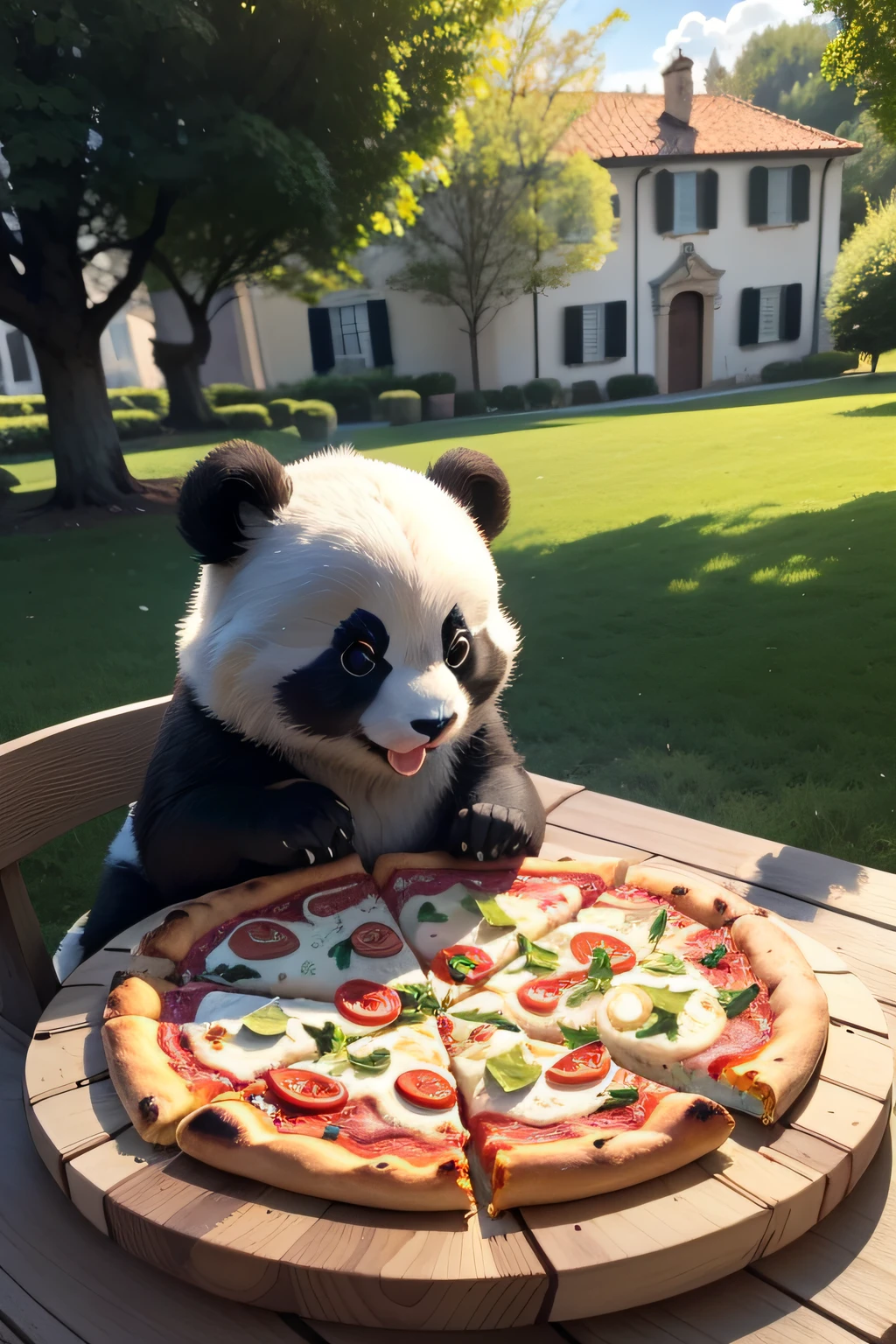 Panda: Bianco e nero, pelliccia soffice, macchie nere, orecchie nere, occhi neri, espressivi, seduto, felice.
Felpa rosa: Vivace, cerniera, disegno di pizza, cappuccio con orecchie, accattivante.
Pizza: Formaggio filante, peperoni, pomodori, basilico, crosta dorata, deliziosa.
Sfondo: Verde, natura, luce del sole, ombre morbide.
Scena: Giardino, foresta, giorno, atmosfera felice, gioiosa.
Dettagli: Realistici, nitidi, colori vivaci.