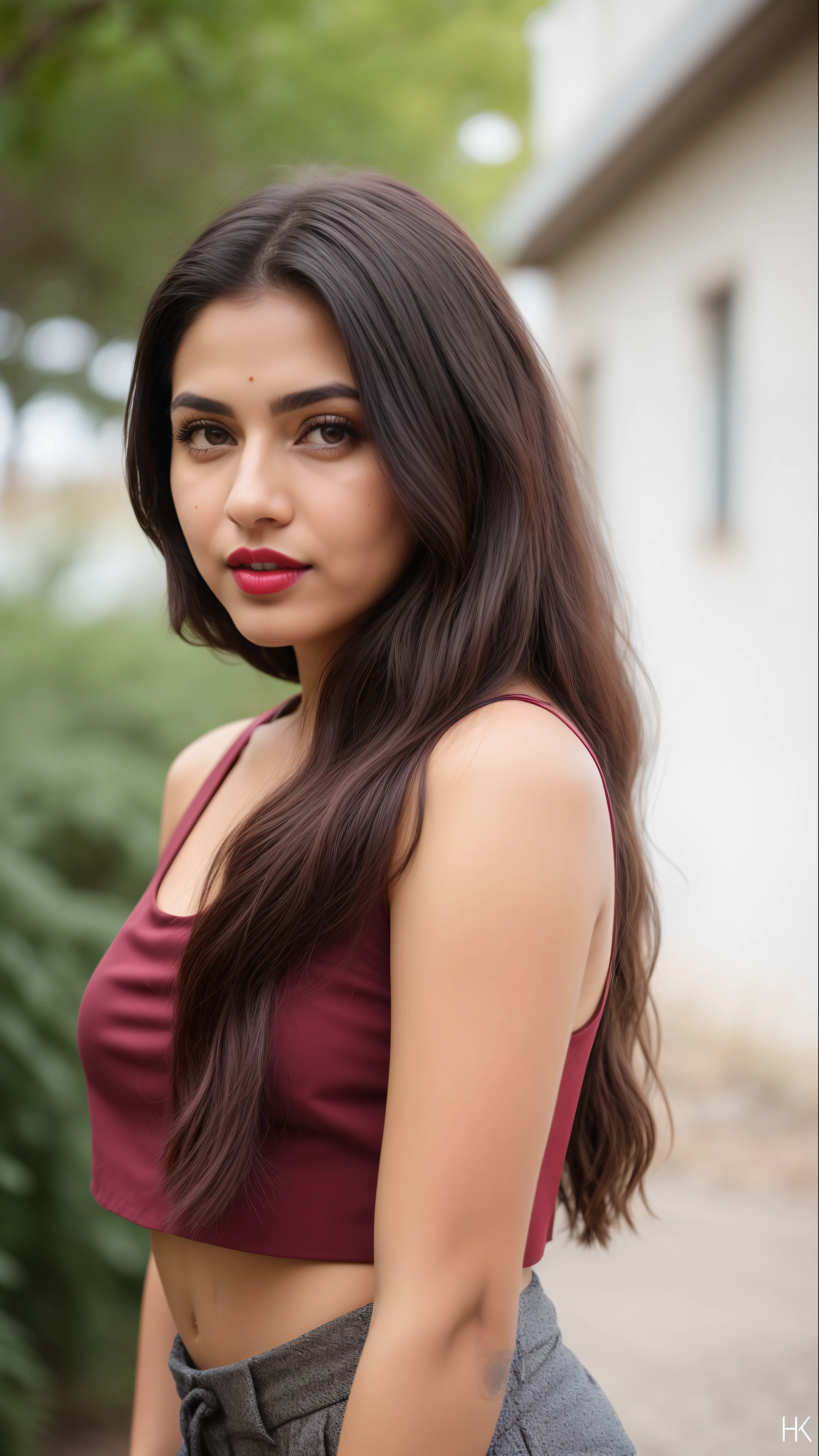((RAW, analog style)), face, extremely detailed full body color photo of a 25 y.o girl, beautiful face, beautiful eyes, ((small nose)), big natural lips, ((fabric crop top)), small breasts, slim body, outdoor, trees, ((film grain, skin details, high detailed skin texture, 8k hdr, dslr)), indian female model divya bharti, dark red lips, dark red lips, black color shorts