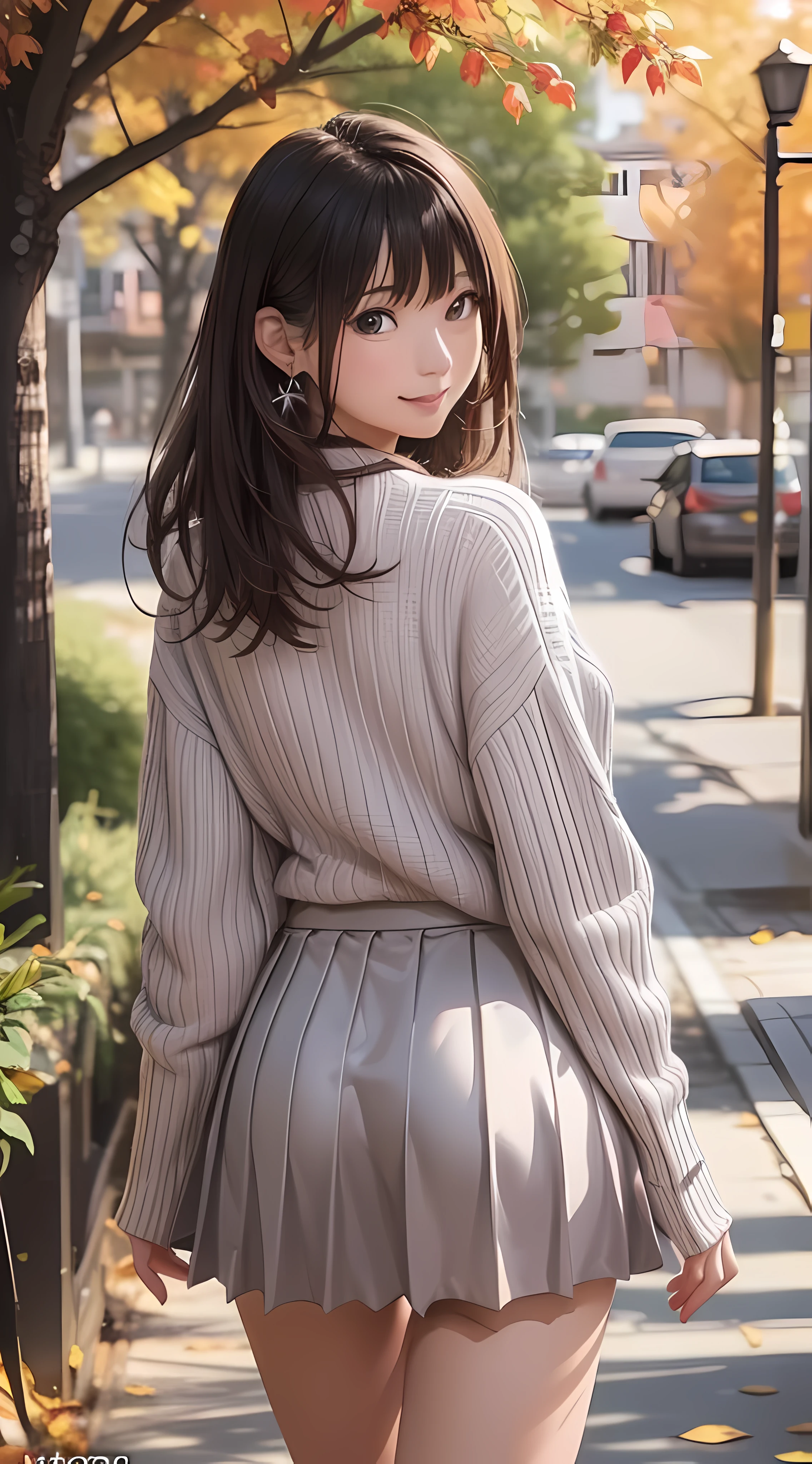 (1girl:1.3), (photorealistic:1.4), (masterpiece, top quality, best quality, official art), extreme detailed, highest detailed, (ultra-detailed), ((an extremely delicate and beautiful)), dappled sunlight,  falling dry leaves, contemporary, silky long hair, (brown hair), she Walking at the park, in evening, sweater, pleated skirt, Small leaves earrings, necklace, from above, shy, smile, wave hand, (looking back:1.4), 24 years old, narrow waist, wide shot, dynamic angle