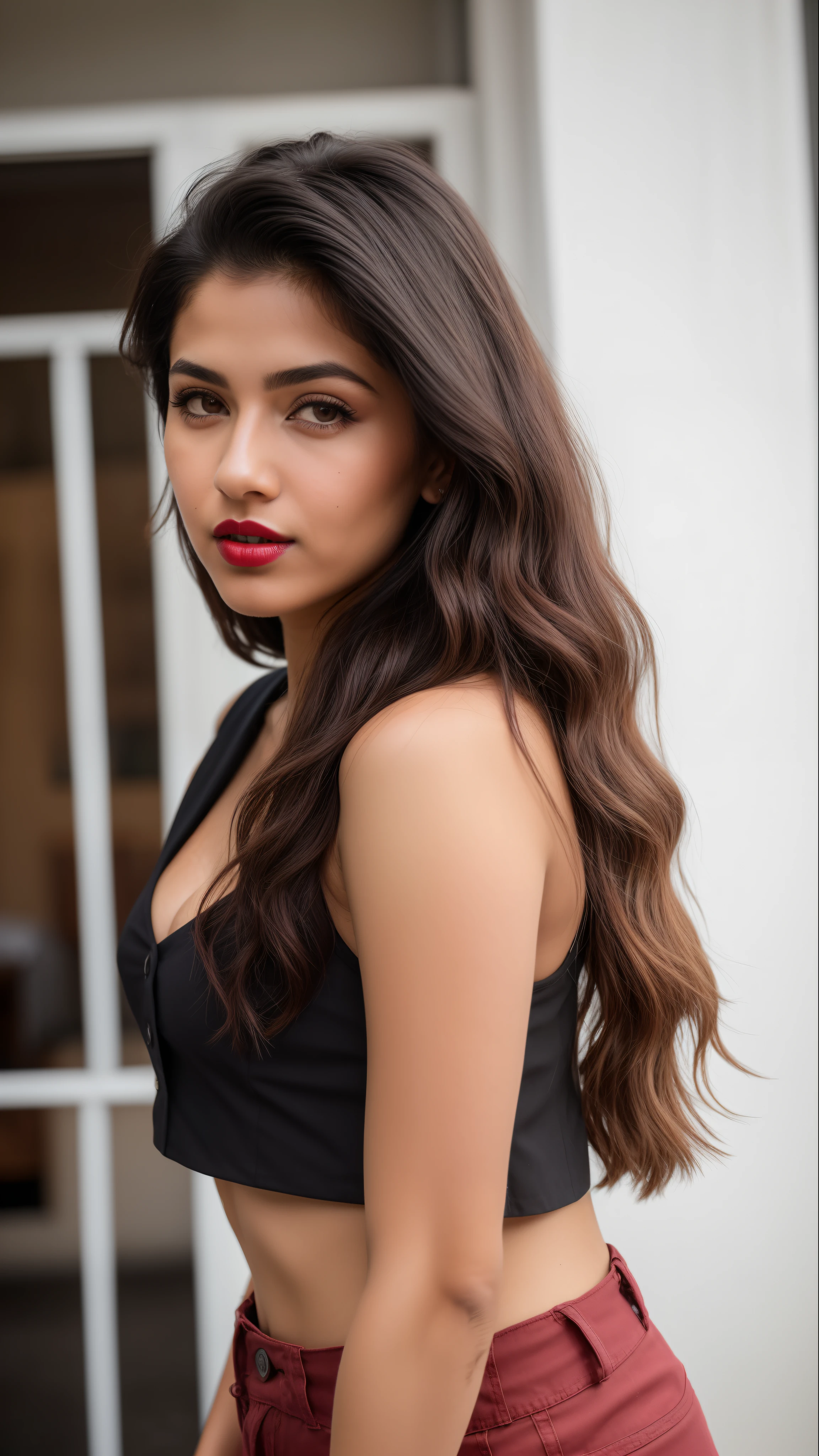 ((RAW, analog style)), face, extremely detailed full body color photo of a 25 y.o girl, beautiful face, beautiful eyes, ((small nose)), big natural lips, ((fabric crop top)), small breasts, slim body, outdoor, trees, ((film grain, skin details, high detailed skin texture, 8k hdr, dslr)), indian female model divya bharti, dark red lips, dark red lips, black color shorts