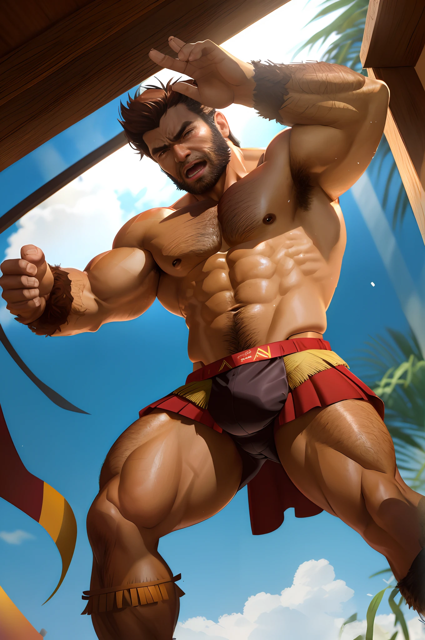 Wolverine dancing in a hula dance,Panties show off the figure ,Spread your legs,aged 40,Asian male,Nasolabial folds,sad expressions,Tears welled up in the corners of his eyes,Sweat all over the body,Naked upper body,The lower body is wearing a grass skirt,Oily skin reflexes,red brown hair,Reddish-brown beard,Huge pectoral muscles,Brownish-yellow skin,((Crotch bulge)),Detailed hair details,Paintings in the style of Gaston Busier,globalillumination, CG-level lighting rendering,low-contrast, (best qualtiy),tmasterpiece,Detailed eyelid details