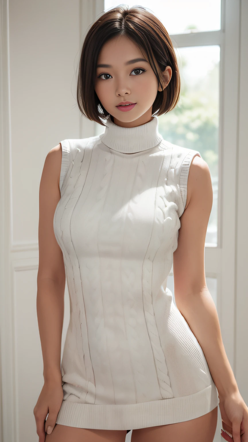 (8K, 超A high resolution, Best quality, masutepiece:1.2)、RAW portrait of japanese girl、超A high resolution、top-quality、 (huge-breasted,:1.4)、｛Hide all breasts｝｛(Off-white skinny long skirt):1.6｝、(Wear a red sleeveless turtleneck sweater:1.5)、(Leave the crotch open:1.5)、(fittingroom:1.2) Break (Natural skin texture、Detailed skin、Hyper-realism、ultra-sharpness)、intricately details、depth of fields、Sexy adult woman、Black hair short hair、toned butt、((tmasterpiece、top-quality、high detal))、(Photorealsitic:1.4)、独奏、Keep one's mouth shut、Smile happily、largeeyes、Distinct double eyelids、eyeslashes、Long neck、Absolute area、Clean collarbone、face perfect、Thin lips、a small face、(Gaze towards the viewer、highlights in the eyes、Light brown eyes、Gloss on lips)、