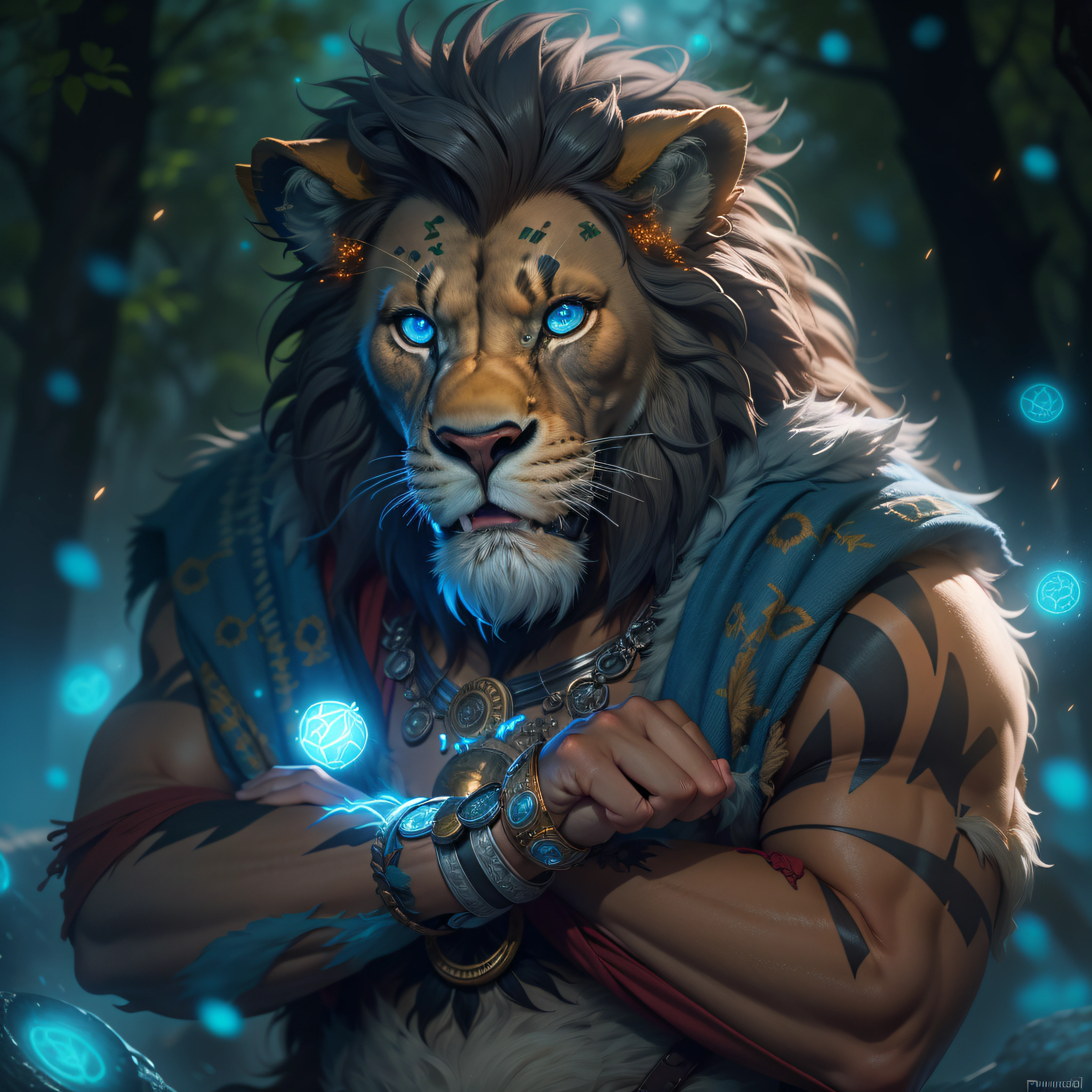 solo, male, (muscular:0.7), shaman, (male anthro lion):1.3, ((hunched over afraid pose)):1.3, (kemono:0.6), (tribal clothing, long loincloth, bandage wraps), detailed eyes, large tail, mane, ((bust portrait)), (detailed eyes, blue eyes):1.1, (outdoors:1.35), (particles ,firefly, blue glowing):1.3, detailed Wizard of oz background, photorealistic, realistic hands, 8k hd, (dark shadows, wide dynamic range, hdr, low light:1.2), by (by Pino Daeni, (by ruaidri), by virtyalfobo), (best quality, masterpiece:1), furry scared lion, brown fur, fuzzy, blushing, collar, scared, big mane, buldge, photo-realistic, octane render, unreal engine, ultra-realistic