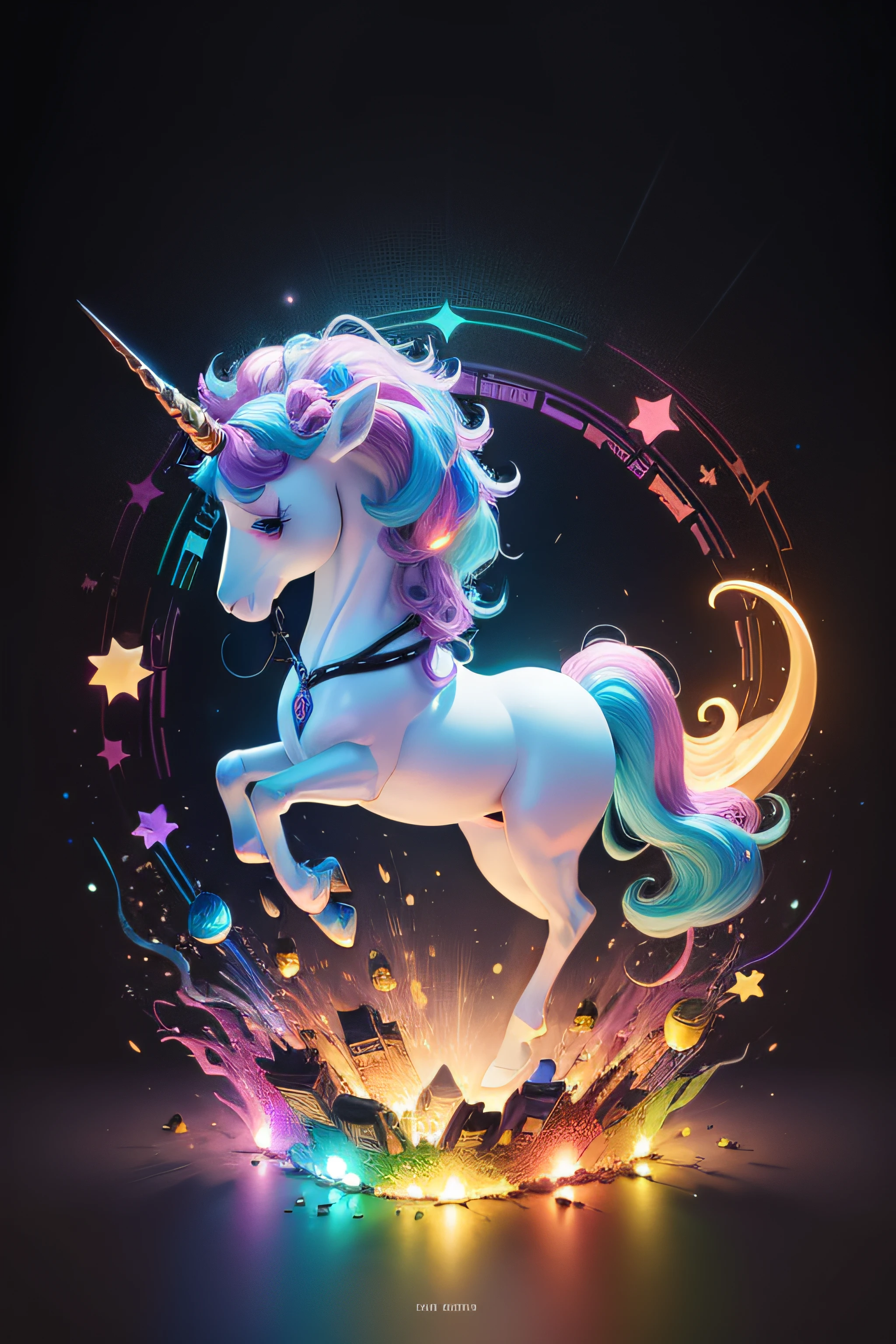 ((Top best Quality, 16k, Masterpiece: 1.5)), hologram of a proud unicorn floating in space, a vibrant digital illustration, dribbble, quantum wavetracing, black background, behance hd