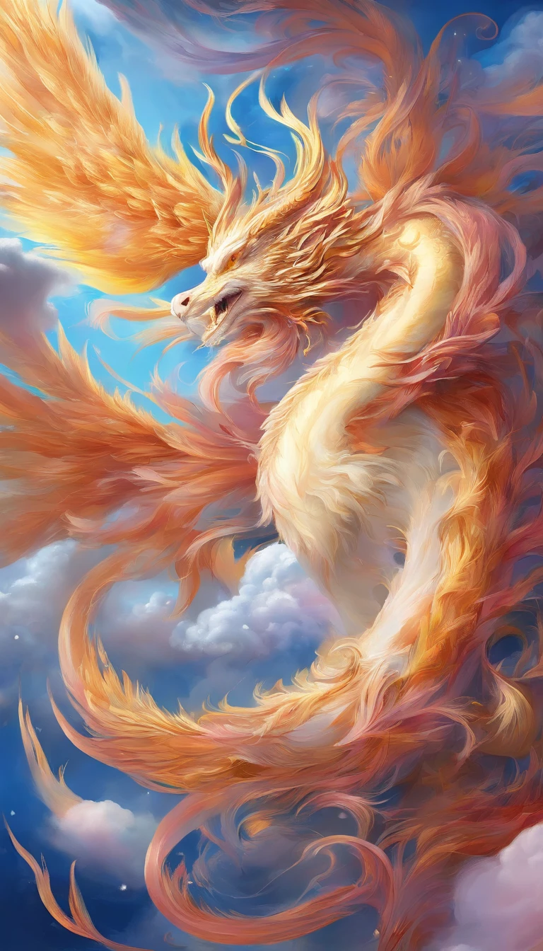Blue sky in dreams，baiyun，Super ethereal expanse of sky，Thick tumbling white clouds，Like white clouds in a fairyland，Dragon-shaped clouds，Clouds in the shape of a phoenix，closeup cleavage，（ultra-realistic realism），（Unreal style），（8k wallpaper），（light and shadow effect），rendering by octane，White balance design，Extremely detailed picture depiction，wide angles，depth of fields，tmasterpiece，realisticlying，Beautifully depicted，A detailed，acurate，Works of masters，tmasterpiece