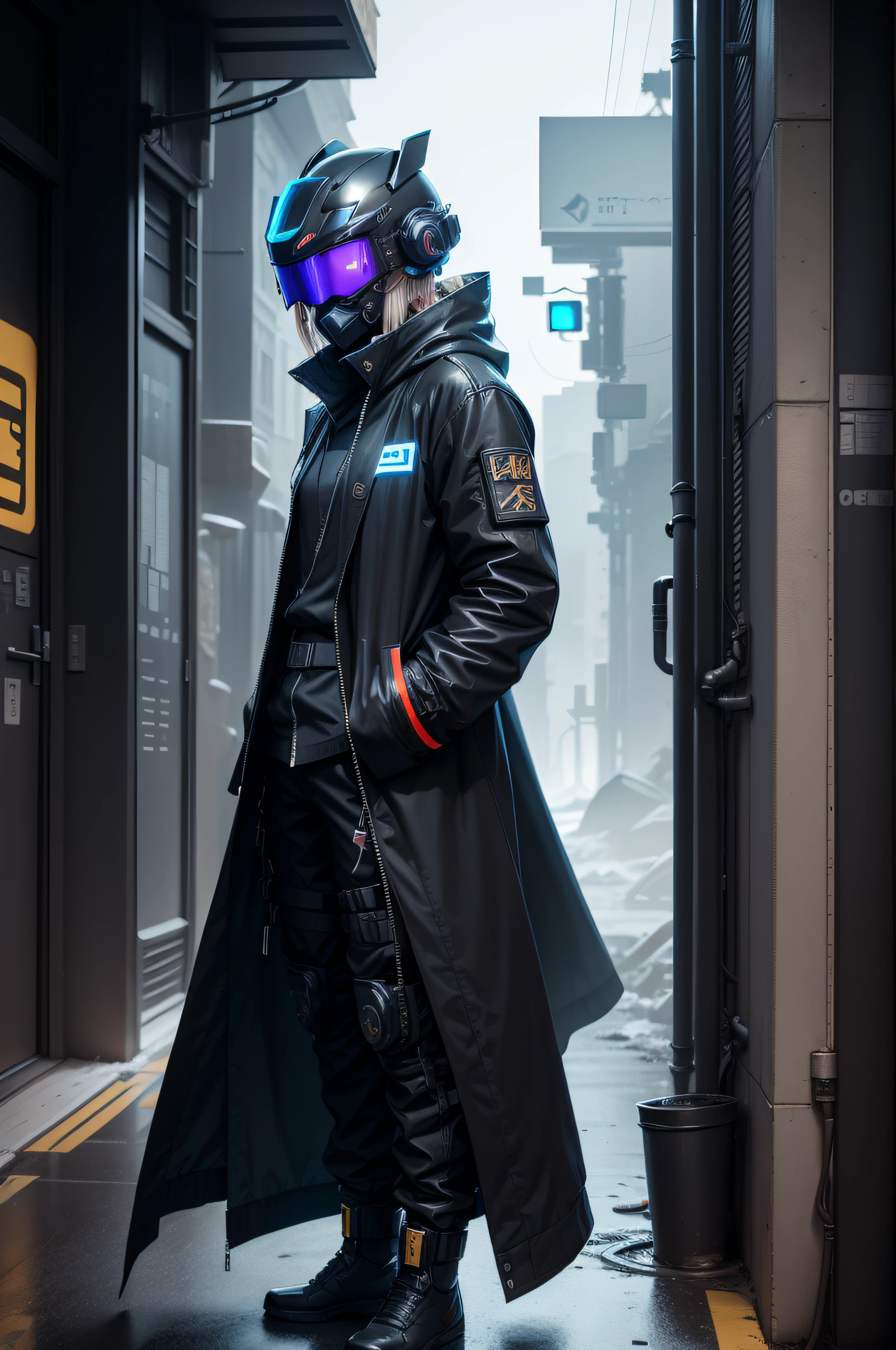 /gen Arknights: Reimei Zensou, {doctor}, solo, hd, Cyberpunk_style, unreal_engine, high_octane_render, highly_detailed, digital_art, coat, full_body, official_alternate_costume, solo, standing, mask, helmet, {the_main_color_is_black_and_the_additional_color_is_blue}, {neon_town}, without_red_color