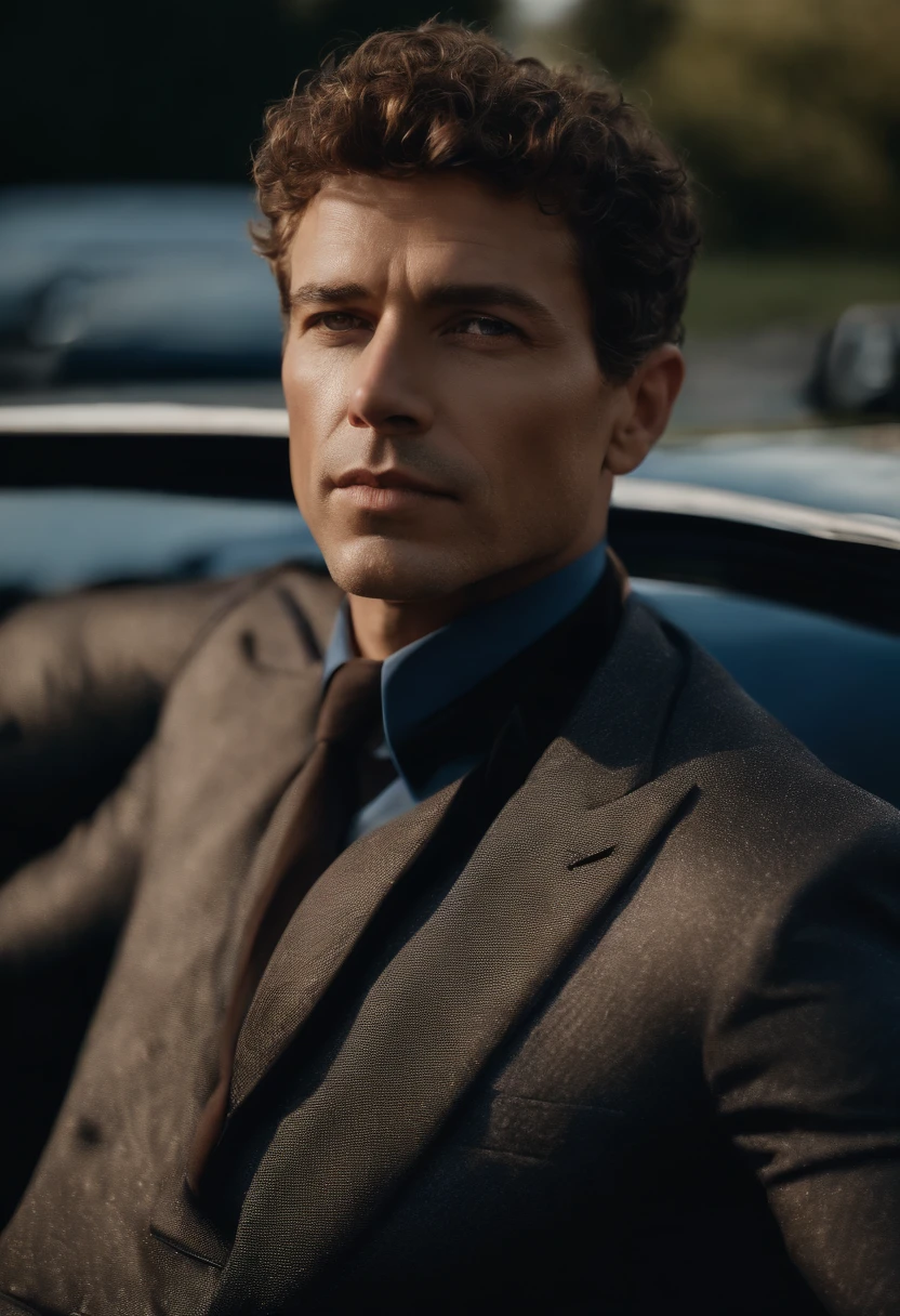 corps entier, wide-angle photo close-up portrait of the body of a handsome man , Grand et en forme, (40 ans:1.1), (shaven:1.2) , (very short brown hair and a little curly:1.5),(very short hair:1.6). (Tight suit in dark blue velvet:1.3). (posing outside the mansion with a luxury car:1.1),Cold and dark sunset at dusk, (Edge Light:1.1),(Concentrez-vous sur les yeux), (Regard fier), (hard light on the skin:1.2), (ombres dures, dark themed, Contraste profond:1.1), (photographie de portrait par Annie Liebovitz), Dark mint theme and choral aesthetics, (skin imperfections)