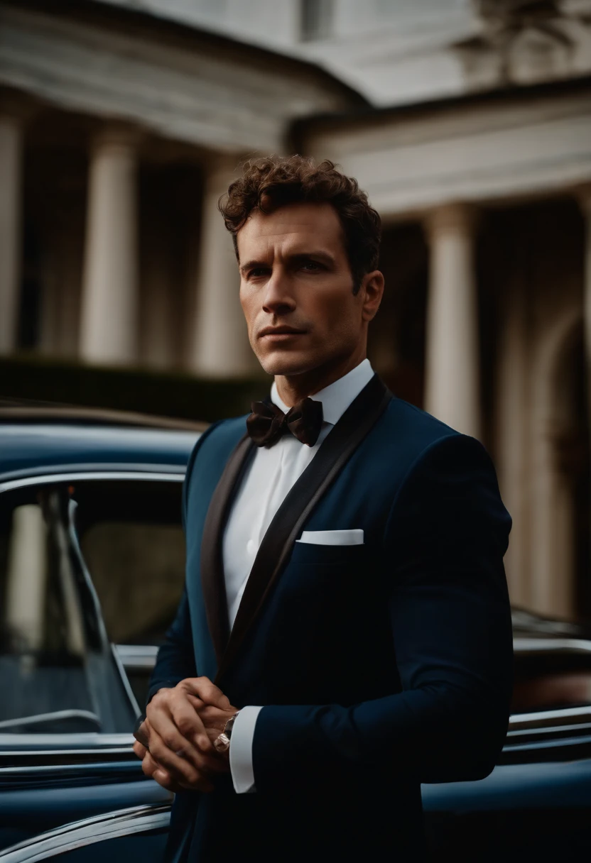 corps entier, wide-angle photo close-up portrait of the body of a handsome man , Grand et en forme, (40 ans:1.1), (shaven:1.2) , (very short brown hair and a little curly:1.5),(very short hair:1.6). (Tight suit in dark blue velvet:1.3). (posing outside the mansion with a luxury car:1.1),Cold and dark sunset at dusk, (Edge Light:1.1),(Concentrez-vous sur les yeux), (Regard fier), (hard light on the skin:1.2), (ombres dures, dark themed, Contraste profond:1.1), (photographie de portrait par Annie Liebovitz), Dark mint theme and choral aesthetics, (skin imperfections)