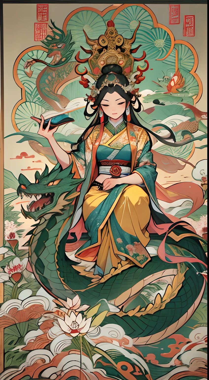 an ancient Chinese goddess, guanyin of the southern seas, Guanyin, Inspired by India, Avalokiteshvara rides a dragon,,Serene expression,shui mo hua,Buddha,Buddhist,Lotus,Chinese painting style,Thangka style