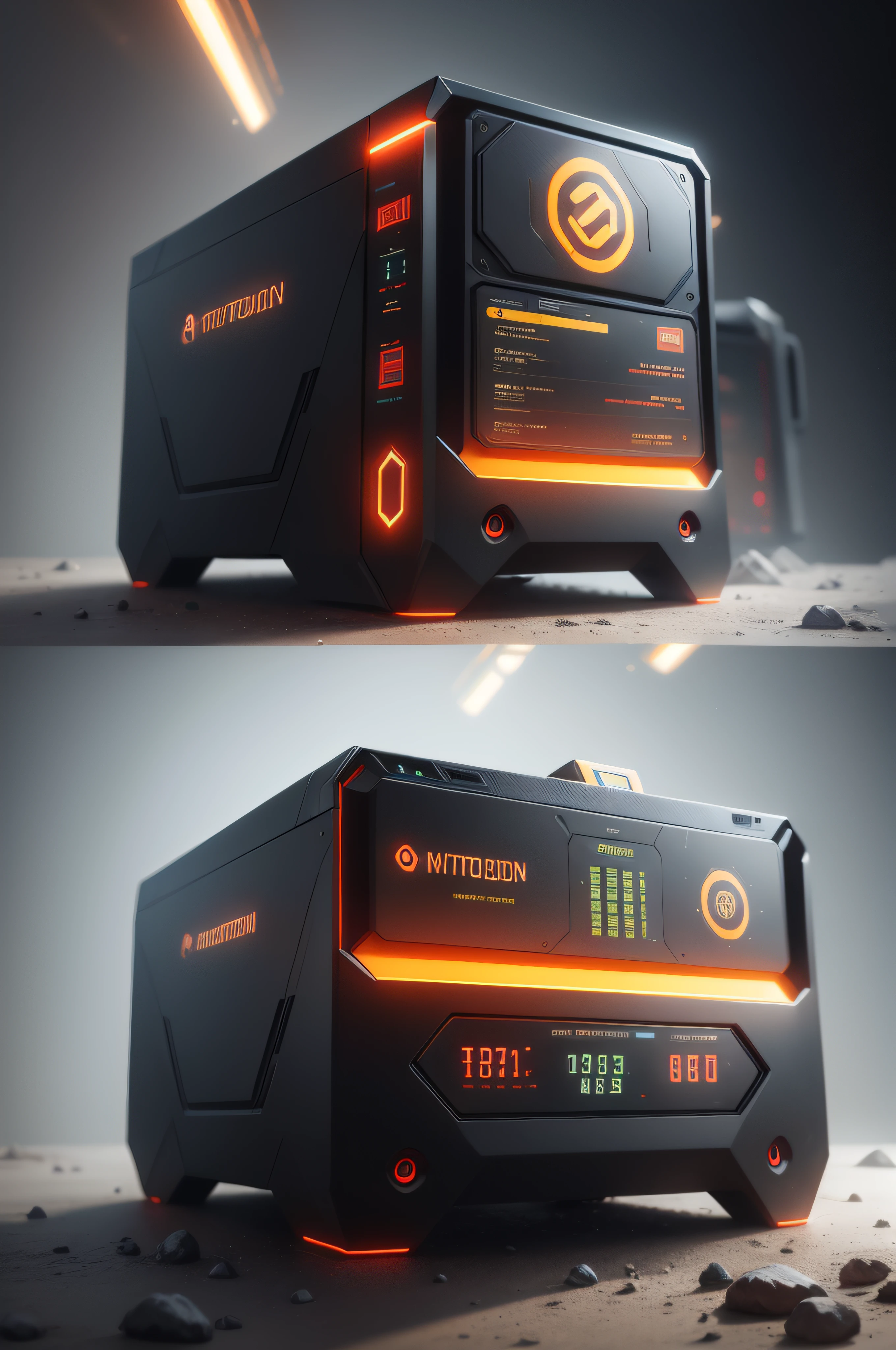 Modern and powerful mini cryptocurrency mining machine with futuristic digital indicators state-of-the-art cryptocurrency miner designed to operate in a very detailed futuristic and highly technological environment . vista frontal colores rojo y oro sin fondo