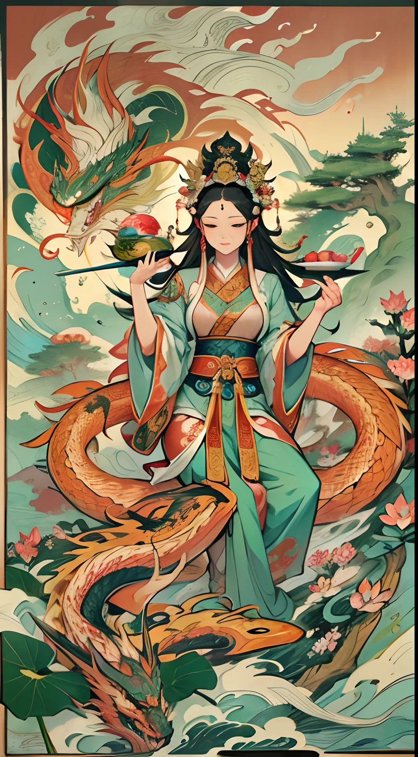 an ancient Chinese goddess, guanyin of the southern seas, Guanyin, Inspired by India, Avalokiteshvara rides a dragon，,Serene expression,shui mo hua,Buddha,Buddhist,Lotus,Chinese painting style,Thangka style