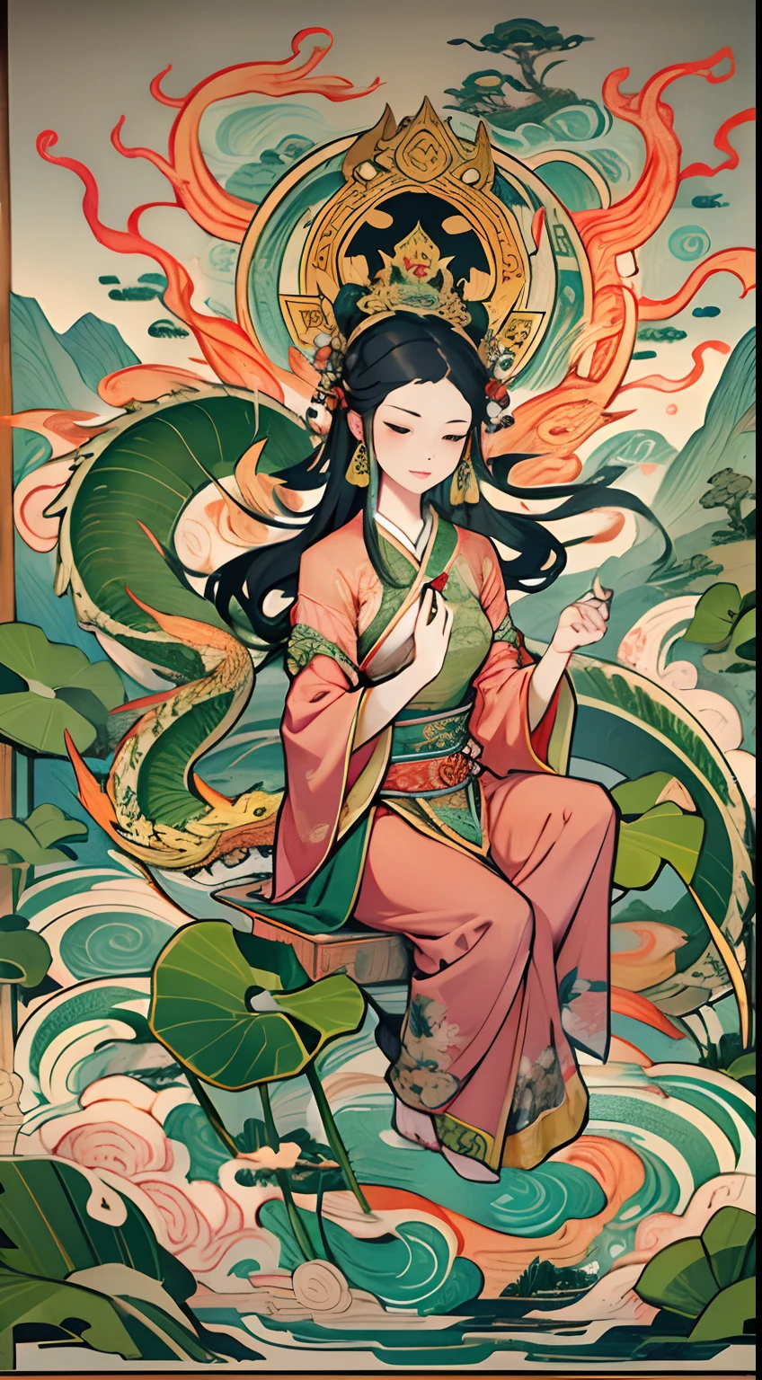 an ancient Chinese goddess, guanyin of the southern seas, Guanyin, Inspired by India, Avalokiteshvara rides a dragon,,Serene expression,shui mo hua,Buddha,Buddhist,Lotus,Chinese painting style,Thangka style