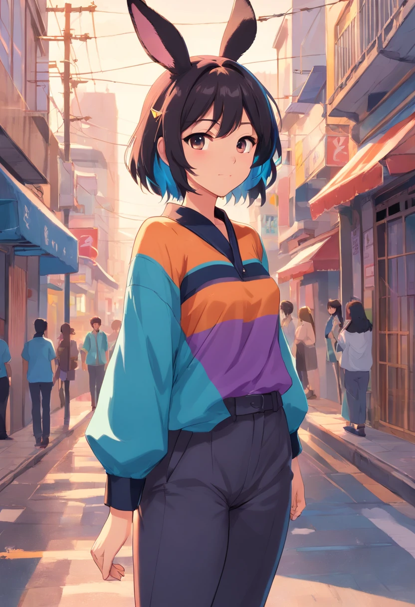 ((Ondas de sinal) e (fundo preto da bruxa) e (duas pessoas)) Cartoon of a woman with a rabbit head and a blue shirt, swollen pants, saia, Botas de combate, camisa de manga comprida com ombros abertos, mauve e ciano, cel - estilo de arte sombreado, Cabelos compridos humanoide Fursona, cel sombreado!!!, cel limpo sombreado, single character full body, inspirado em Rei Kamoi, female fursona, retrato de corpo inteiro de um curto!, full body adoptable, OC Commission.