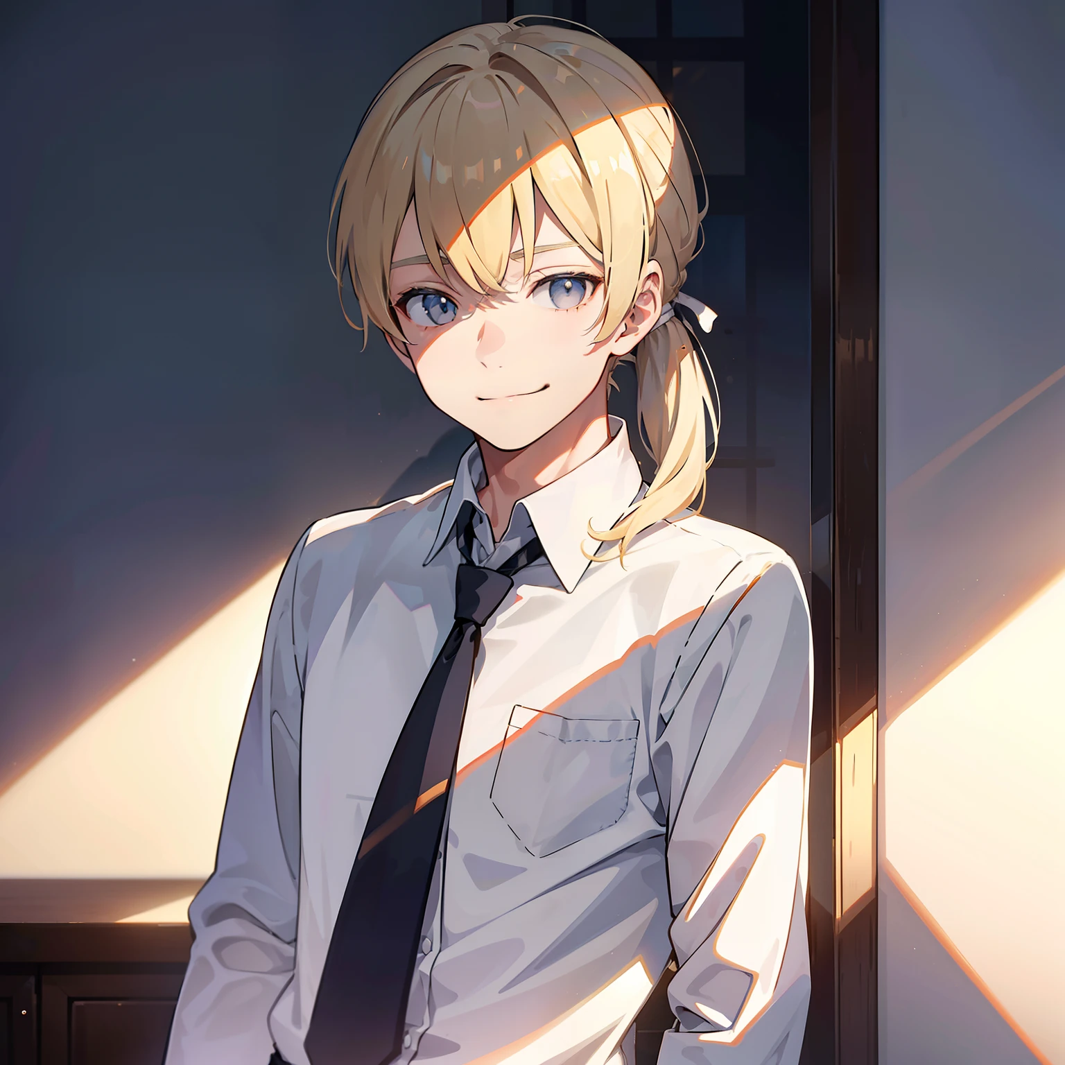 1 boy, blonde man, hair in a ponytail, Long Split Bangs, gray eyes, white  shirt, tie, smirk, (Rich in detail), tmasterpiece, 独奏,illumination,Light,dinamic angle,Depth of field,light and shadow, Real Light and Shadow, diffuse reflection, Outstanding picture quality