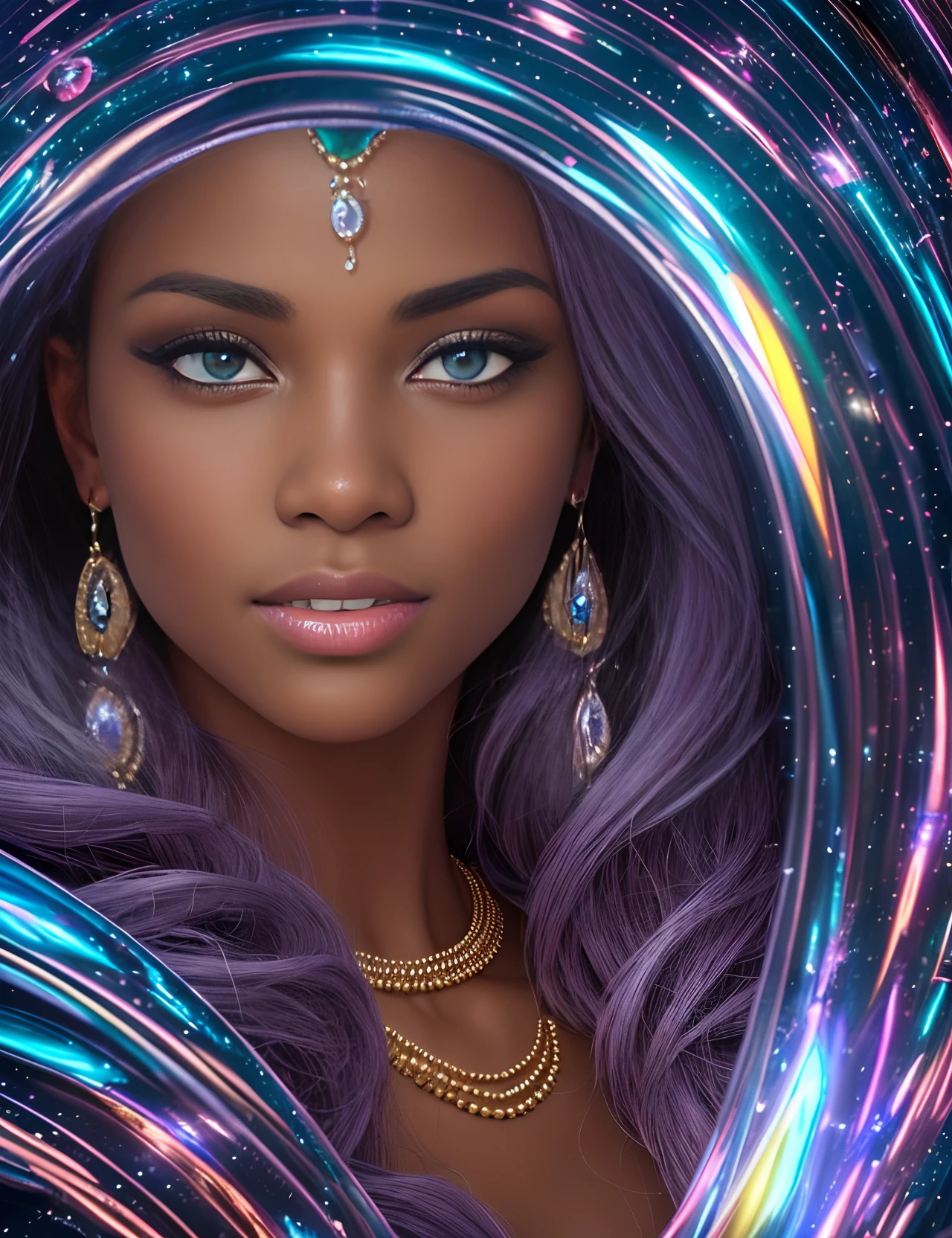 Close up of beautiful African woman dressed in African clothes and african beads, the sun glowing in the pupil of her right eye while the moon glows in the pupil of her left eye, beautiful and highly detailed eyes and facial features, background is a crystalline glass wall with shining stars inside the glass wall shining soft beautiful light, with iridescent light, highly detailed images, highly vibrant colours, highly detailed facial features, highly detailed hands and legs, beautiful vibrant colours, artgerm style, photorealistic image, cinematic lighting, 32k, ultra HD, unreal engine rendered, --auto --s2