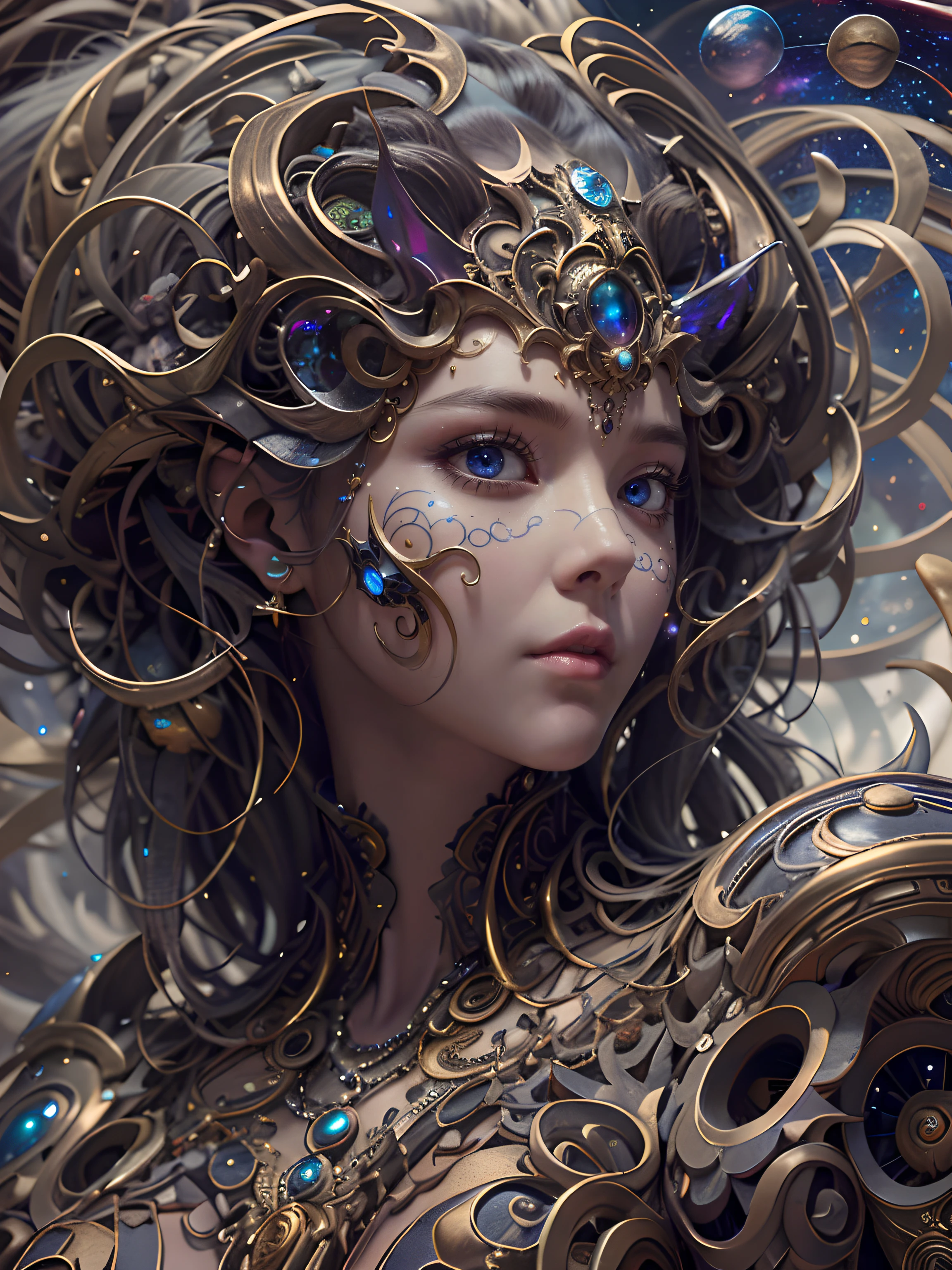 (best qualtiy,ultra - detailed,Most Best Illustration,Best shadow,tmasterpiece,A high resolution,professionalartwork,famousartwork),Detailed eyes,beautidful eyes,closeup cleavage,sci-fy,colored sclera,Robot eyes,face markings,Tattooed with,(fractalized,Fractal eyes),largeeyes,Wide eyes,(Eye focus),sface focus,Cosmic eyes,Space eyes,Close-up of metal sculpture of a woman with a universe in her hair,goddes。extremly high detail,3 d goddess portrait,Extremely detailed footage of the goddess,a stunning portrait of a goddess,Side image of the goddess,portrait of a beautiful goddess,Full body close-up portrait of the goddess,hecate goddess,portrait of a norse universe goddess,goddess of space and time