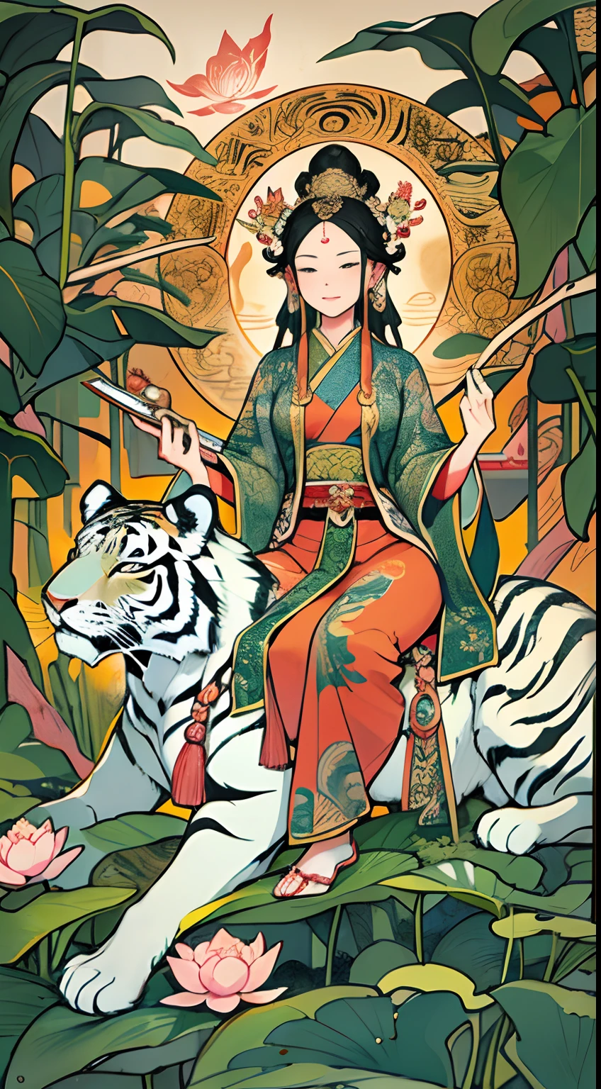 an ancient Chinese goddess, guanyin of the southern seas, Guanyin, Inspired by India, Avalokiteshvara rides a tiger,,Serene expression,shui mo hua,Buddha,Buddhist,Lotus,Chinese painting style,Thangka style