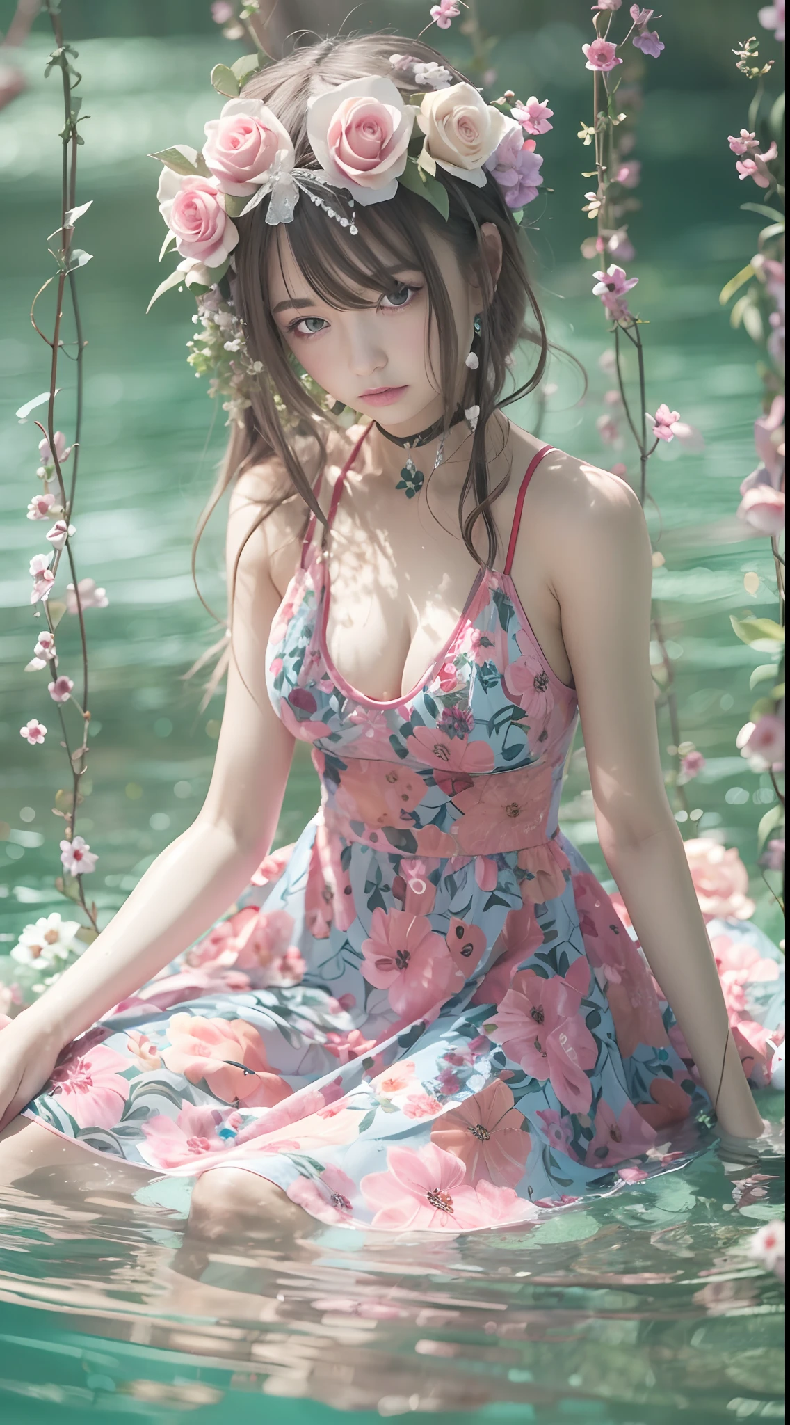 Female pervert,Meditation sitting,Partial underwater photography,BestWorks,Floral pattern sheer dress:1.4,String Camisole Dress:1.5