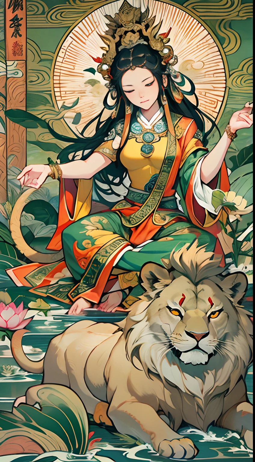 an ancient Chinese goddess, guanyin of the southern seas, Guanyin, Inspired by India, Avalokiteshvara rides a lion,,Serene expression,shui mo hua,Buddha,Buddhist,Lotus,Chinese painting style,Thangka style