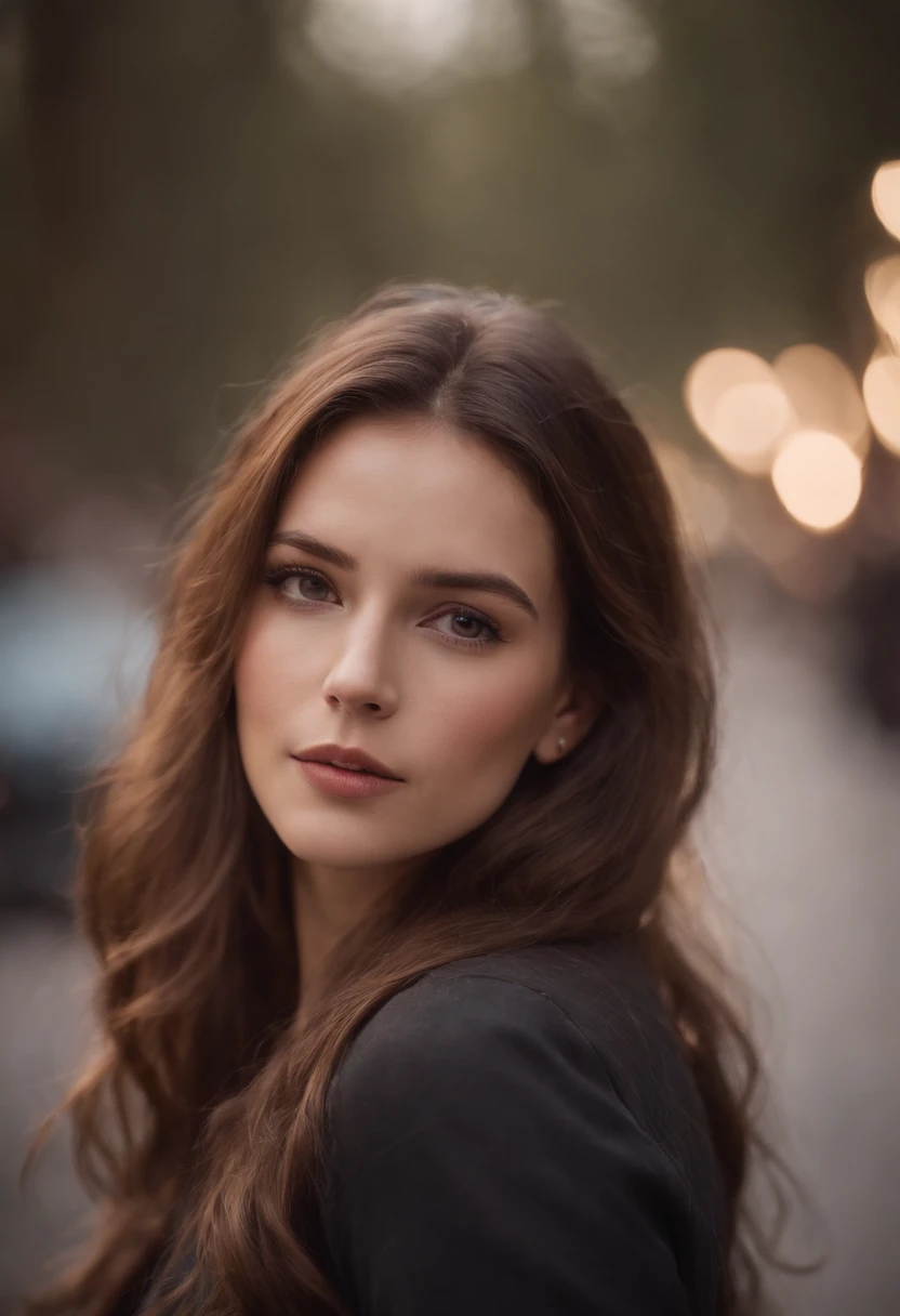 A close up of a woman with long hair and a black jacket - SeaArt AI