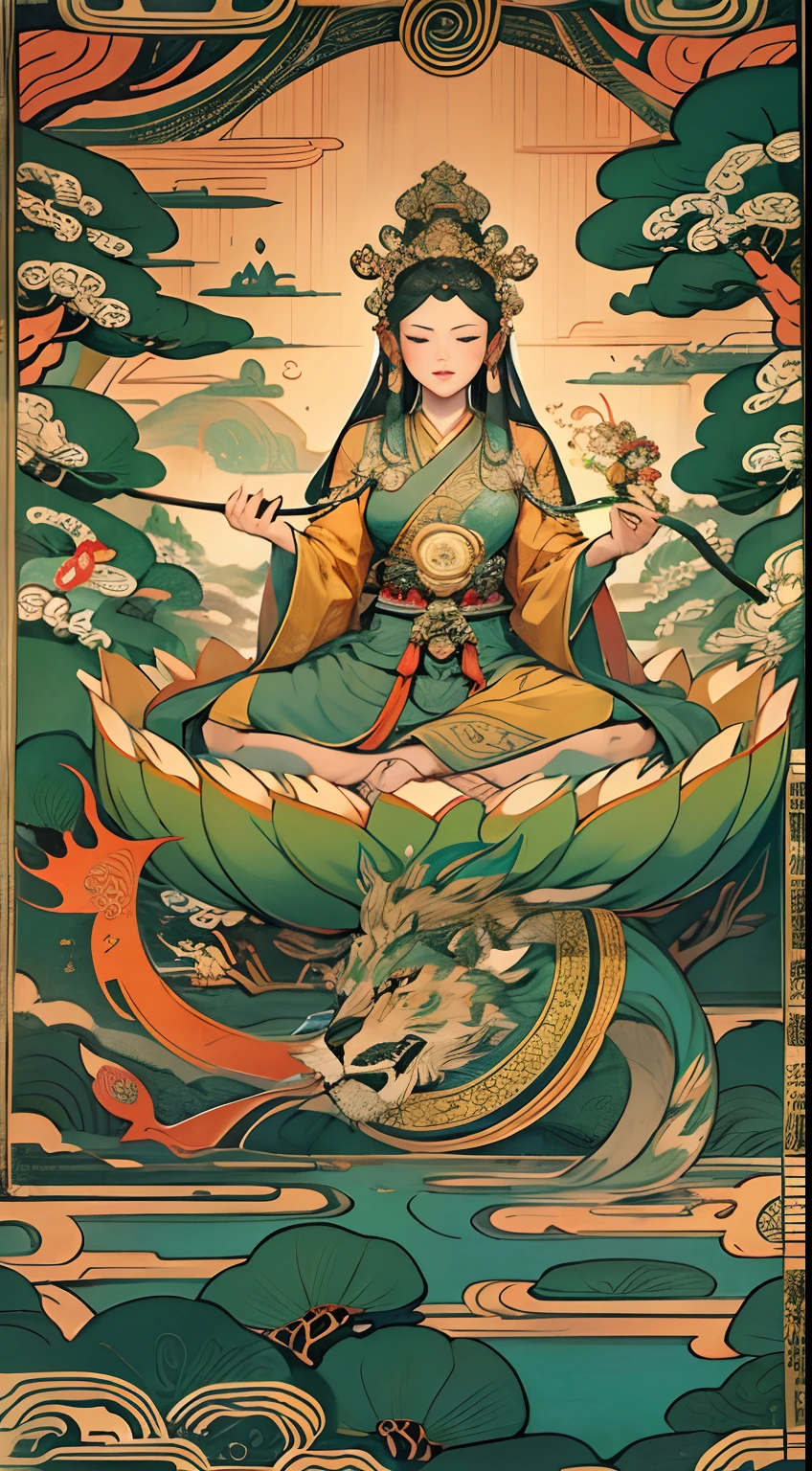 an ancient Chinese goddess, guanyin of the southern seas, Guanyin, Inspired by India, Avalokiteshvara rides a lion,,Serene expression,shui mo hua,Buddha,Buddhist,Lotus,Chinese painting style,Thangka style