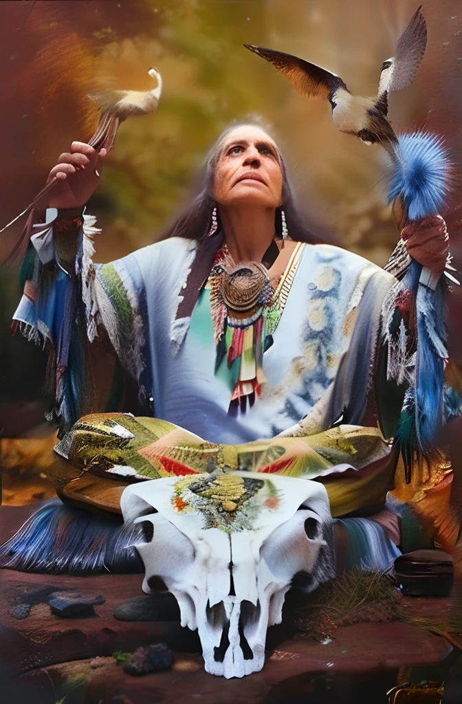 Hyperrealistic cinematic scene of an indigenous man sitting on a feathered cow skull, Arte nativa americana, : native american shamen fantasy, Nativo americano, xamanismo, Rezar com tabaco, beautiful depiction, a shaman holding up the universe, Shaman, Directed by: Stan Stokes, Arte nativa, ayahuasca shaman, Guerreiro nativo americano, Um guerreiro nativo americano, psychedelic shaman, Photorealistic Native American folk art, foto, obra-prima, realista, realismo, fotorrealismo, alto contraste, Trending photorealistic digital art in Artstation 8k HD high definition detailed realistic, detalhado, textura da pele, hiper detalhado, textura de pele realista, armadura, melhor qualidade, ultra high-resolution, (fotorrealista: 1.4), alta resolução, detalhado, tiro bruto, sharp re, por lee jeffries Nikon D850 Filme Fotografia de Stock 4 Kodak Portra 400 Lente F1.6 Rich Colors Texture Realistic Dramatic Texture Dramatic Lighting Irrealengine Trend at Artstation Cinestill 800