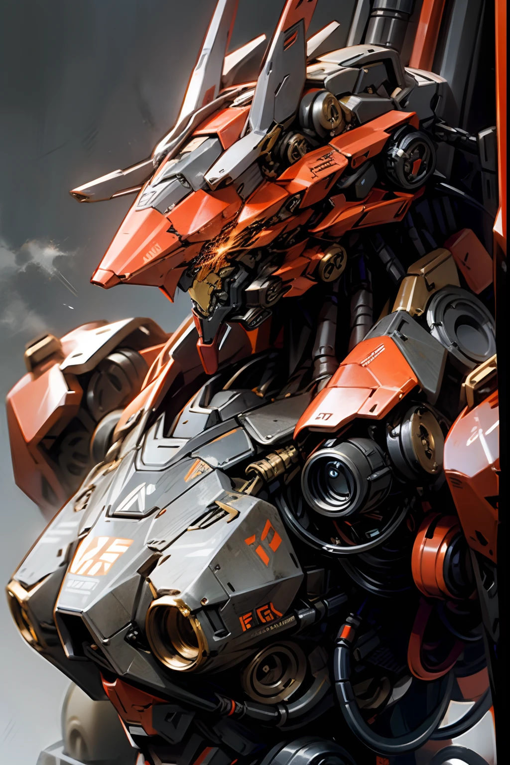 mechanical, armored battle mech, black and red, fox features, hangar background