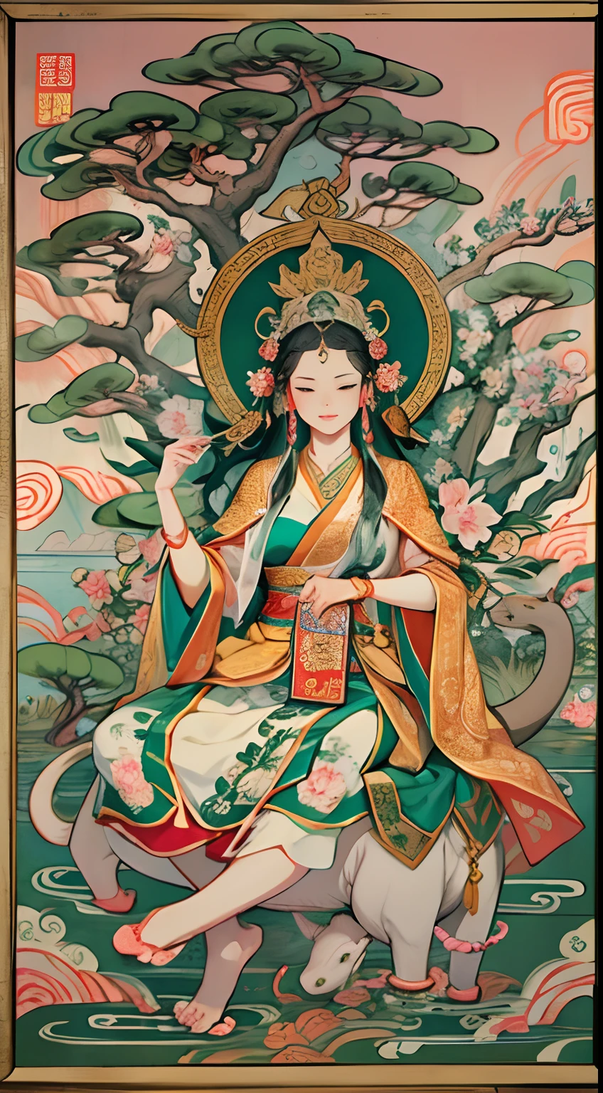 an ancient Chinese goddess, guanyin of the southern seas, Guanyin, Inspired by India, Avalokiteshvara rides an elephant,,Serene expression,shui mo hua,Buddha,Buddhist,Lotus,Chinese painting style,Thangka style