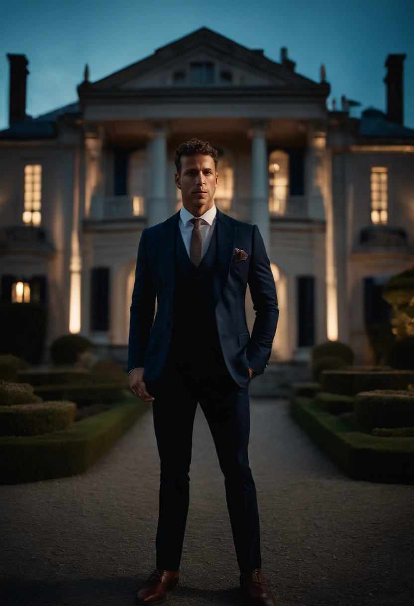 corps entier, wide-angle photo close-up portrait of the body of a handsome man , Grand et en forme, (40 ans:1.1), (shaven:1.2) , (very short brown hair and a little curly:1.5),(very short hair:1.6). (Tight suit in dark blue velvet:1.3). (posing outside the mansion with a luxury car:1.1),Cold and dark sunset at dusk, (Edge Light:1.1),(Concentrez-vous sur les yeux), (Regard fier), (hard light on the skin:1.2), (ombres dures, dark themed, Contraste profond:1.1), (photographie de portrait par Annie Liebovitz), Dark mint theme and choral aesthetics, (skin imperfections)