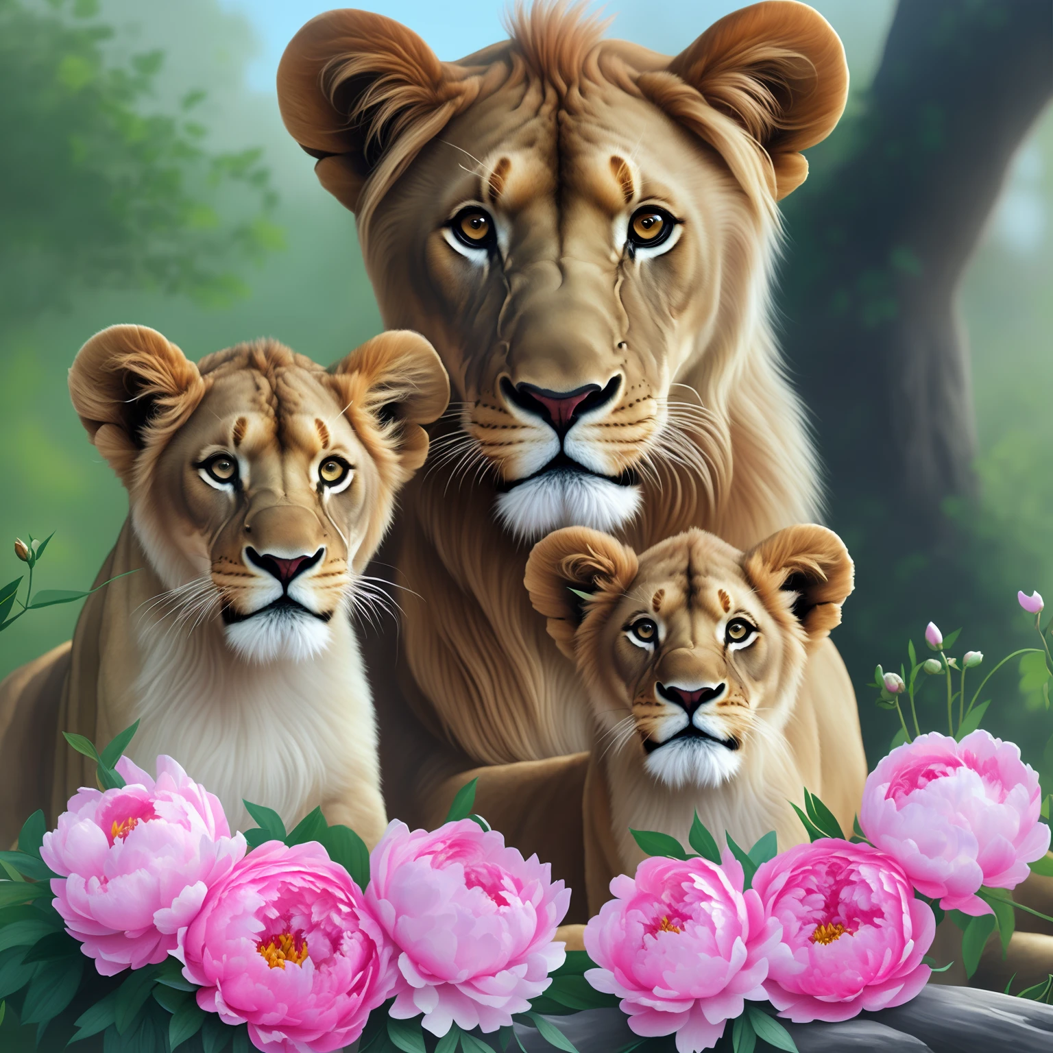 Painting depicting a lion mother and her cubs with pink flowers, peonies with greenery, peonies delicate colors, pale pink, lions, Lisa Parker, detailed beautiful animals, digital painting highly detailed, Howard Lyon, Majesty, lioness, airbrush digital oil painting, Richard Mayhew, digitalpainting, Wildlife illustration, ultrarealistic illustration, a family portrait, highly detailed digital painting, realistic illustration, painted in high resolution