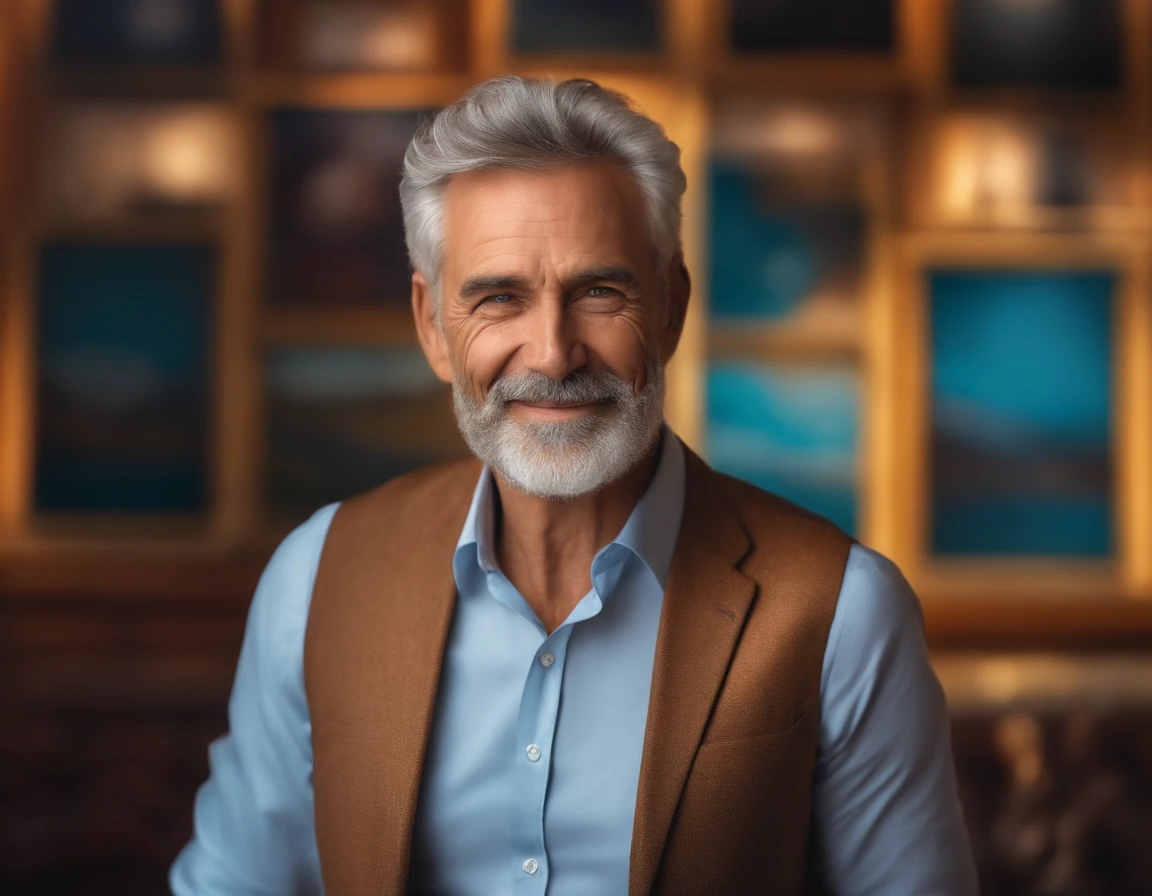 Man wearing a suit with a vest, color photograph portrait 4k, middle aged man portrait, ultra detailed portrait, high quality portrait, an old man, hyper realistic digital painting, with happy face