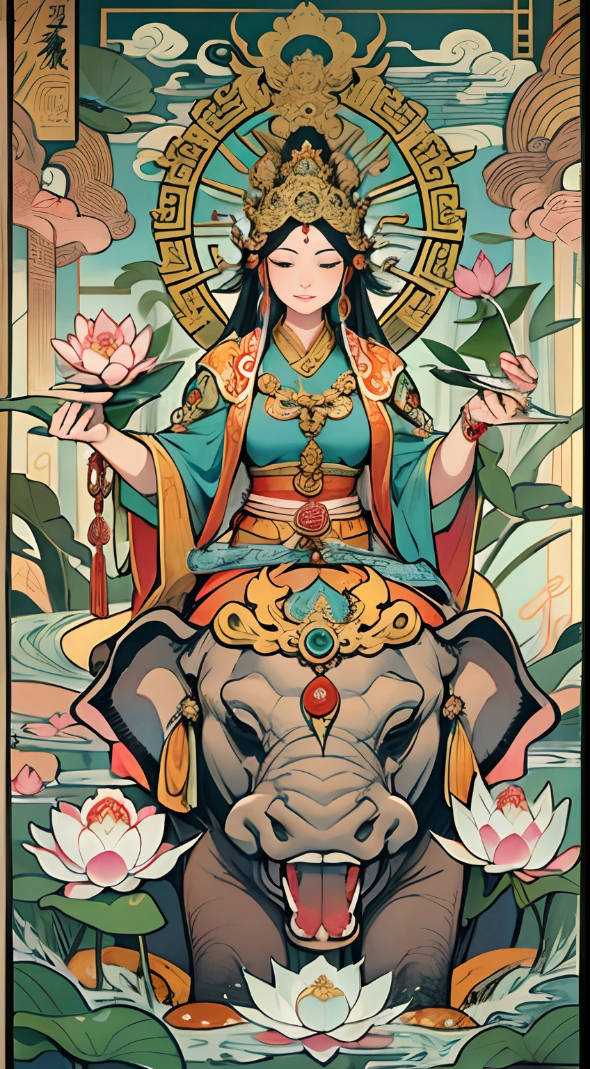 an ancient Chinese goddess, guanyin of the southern seas, Guanyin, Inspired by India, Avalokiteshvara rides an elephant,,Serene expression,shui mo hua,Buddha,Buddhist,Lotus,Chinese painting style,Thangka style