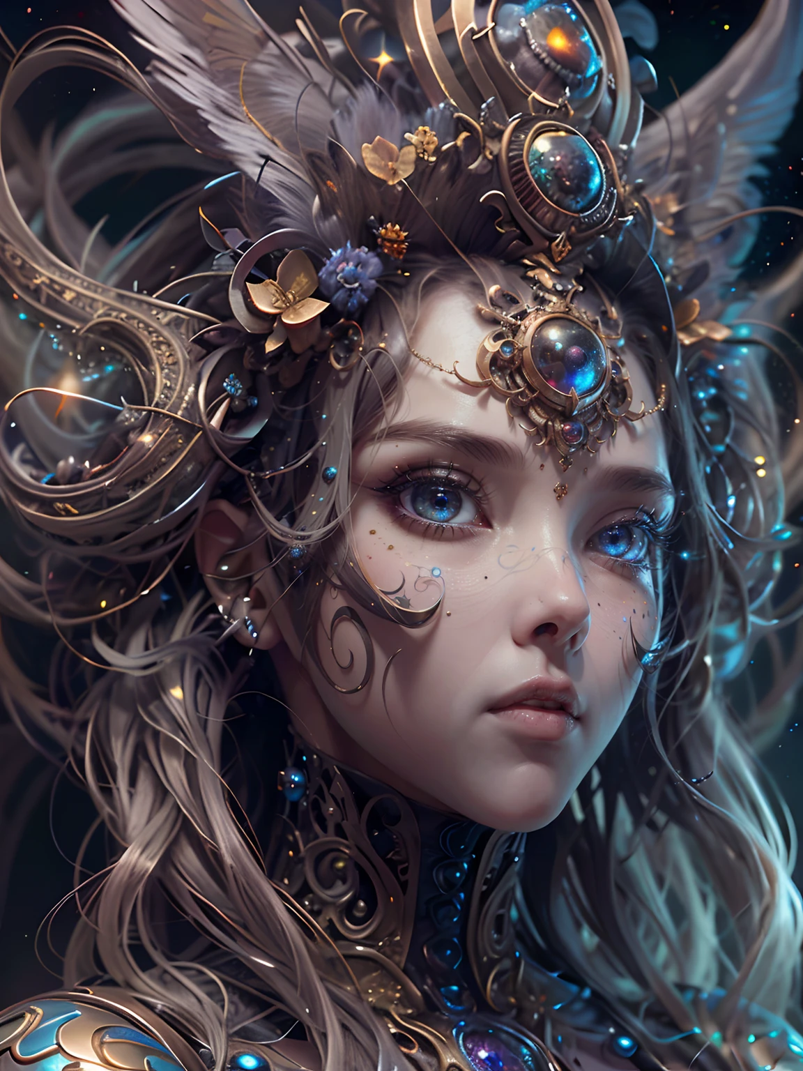 （best qualtiy，ultra - detailed，Most Best Illustration，Best shadow，tmasterpiece，A high resolution，professionalartwork，famousartwork），Detailed eyes，beautidful eyes，closeup cleavage，sci-fy，colored sclera，Robot eyes，face markings，Tattooed with，（fractalized，Fractal eyes），largeeyes，Wide eyes，（Eye focus），sface focus，Cosmic eyes，Space eyes，Close-up of metal sculpture of a woman with a universe in her hair，goddes。extremly high detail，3 d goddess portrait，Extremely detailed footage of the goddess，a stunning portrait of a goddess，Side image of the goddess，portrait of a beautiful goddess，Full body close-up portrait of the goddess，hecate goddess，portrait of a norse universe goddess，goddess of space and time