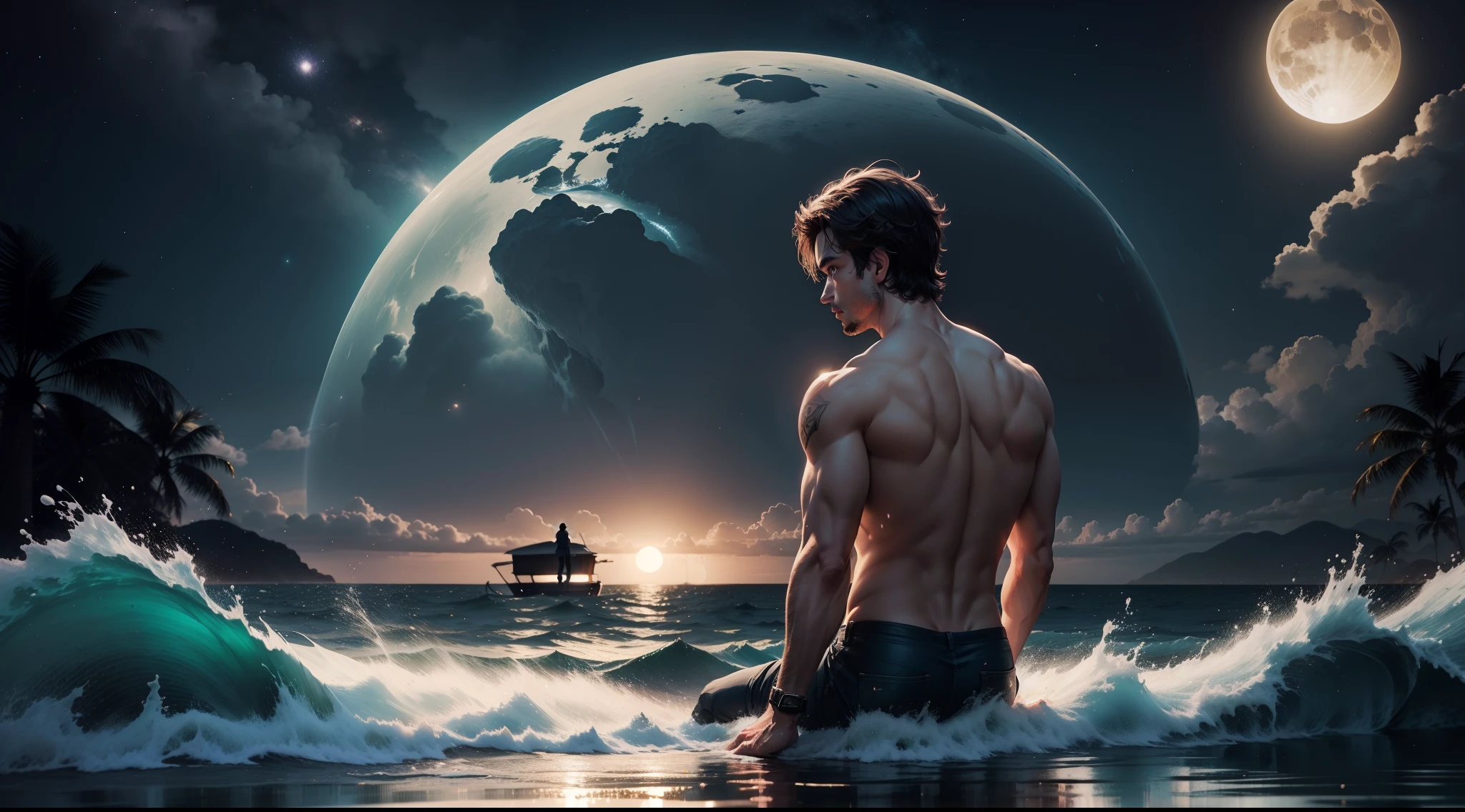 Homem pescando na lua em uma noite fria