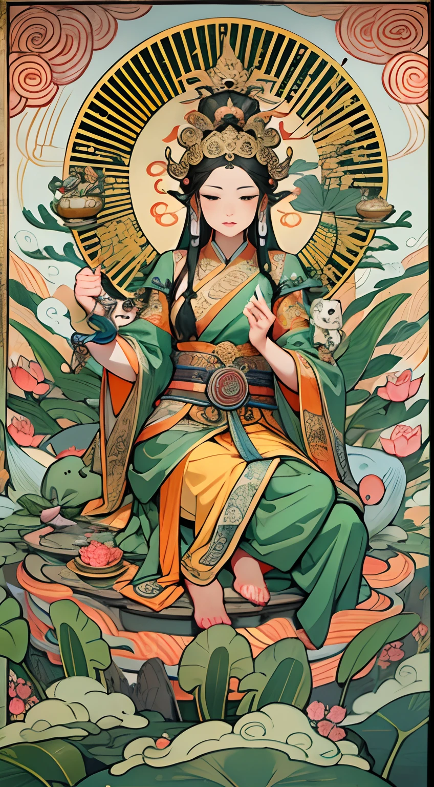 an ancient Chinese goddess, guanyin of the southern seas, Guanyin, Inspired by India, Avalokiteshvara rides an elephant,,Serene expression,shui mo hua,Buddha,Buddhist,Lotus,Chinese painting style,Thangka style