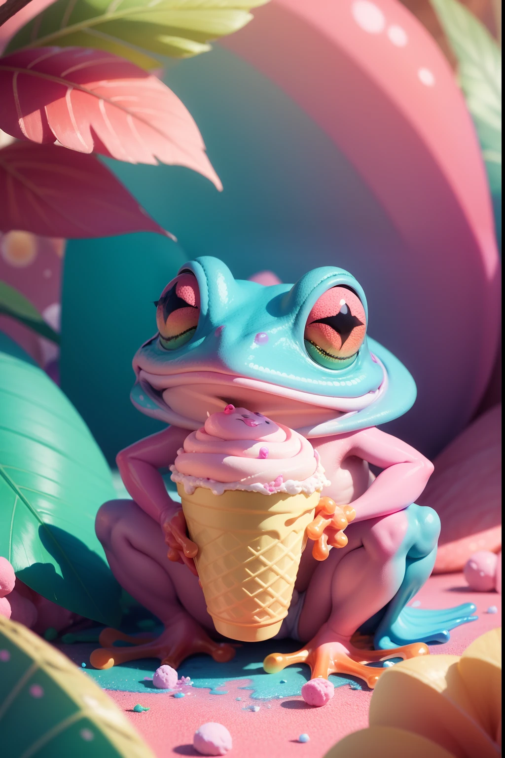 (a very colorful,high quality 8k RAW-Foto)pink frog, eating an ice cream, in a very colorful candy world