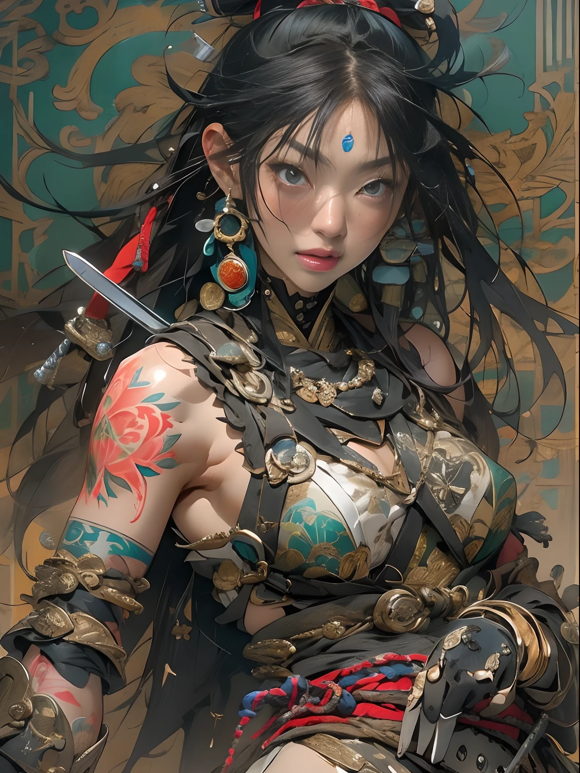 (((woman))), (((best qualityer))), (((tmasterpiece))), (((AS-Adult))), ((( Japanese ))), Look up from your knees, A beautiful asian samurai woman with perfect body, Modern samurai, ((( Asian))), Wear gloves on your hands，The left arm is made of steel and metal tips，Made of protective devices, The eyes are pulled, (( Appears below the breast )), (( Small dental floss )), Simon Bisley, Almost naked（Simon Bisley）Castle City Wilderness，For high-resolution posters, hair straight, Minimum clothing, armure (Crazy clothes ), Full of tips and rivets, tribal tattoos, (((full bodyesbian))), Straight brunette hair，Colored hair ends