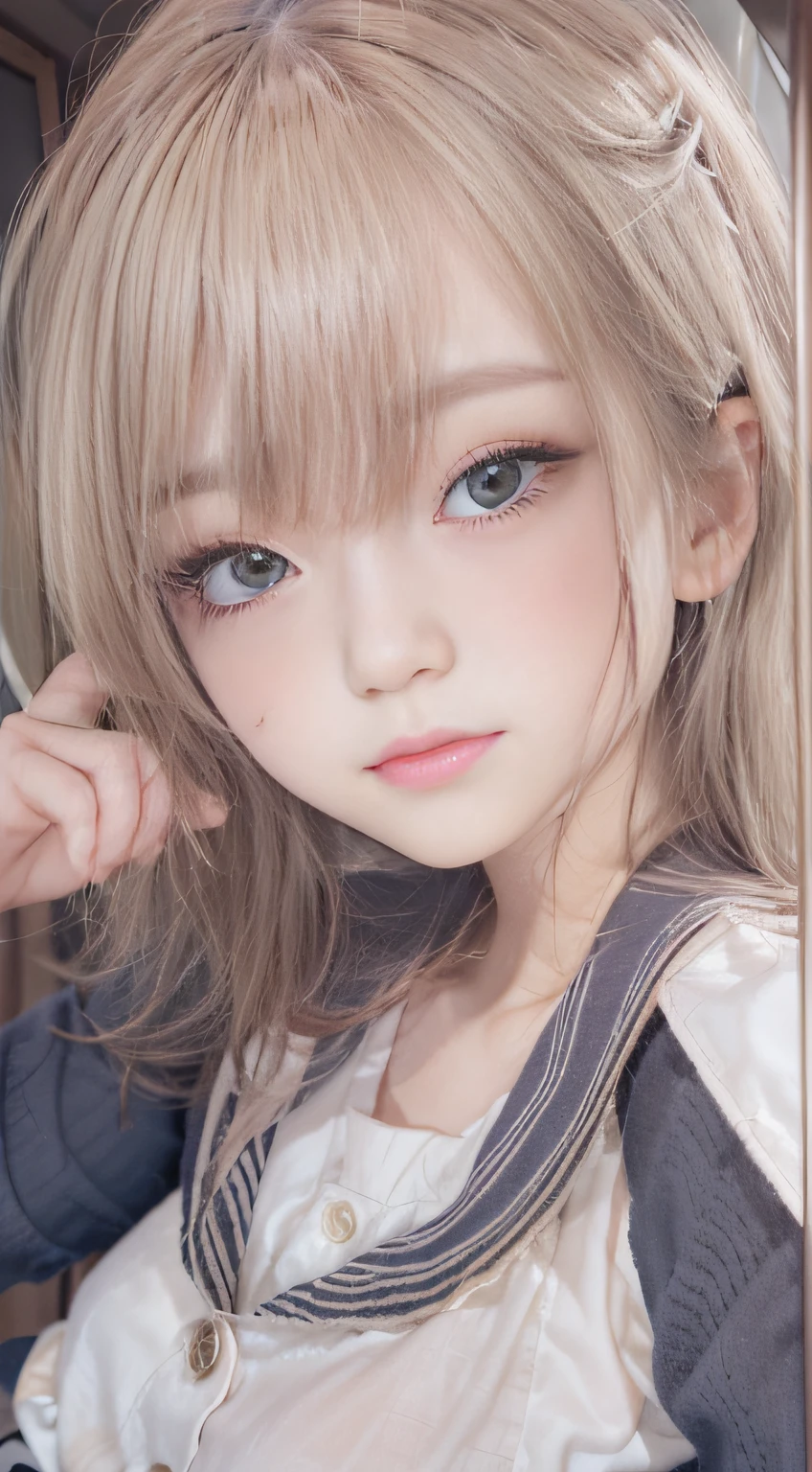 Portable Wallpapers,Super beautiful photo，FULL ANATOMY,Girl Like a Goddess，Highly detailed background，Realistic，hyperdetailed face，super detailed skin，Detailed beautiful face and eyes，retinas, masutepiece, ccurate, Anatomically correct,Tsurime, Textured skin, Super Detail, high details, High quality, awardwinning, Best Quality, hight resolution, 8K,ultimate beauty girl, BREAK,Close up of girl in dress and shirt, loose coat collar sailor uniform, thin head,magical school student uniform, japanese girl school uniform,, Cute dress, katelynn mini cute style, dressed with long fluent clothes, School uniform, magic school uniform, black and white clothes, Stylish dress, school girl in gothic dress, Black Quick, Elegant clothes,((small tits:1.7,Thin leg,skinny thigh:1.4)),slim figure,extremely detailed eye and face、beatiful detailed eyes,Tsurime,Beautiful skins,The brilliance of details、The skirt is ironed、No wrinkles，((smooth hair，detailed hairs，Very fine hairs))，(Knee-length skirt:1.7),1girl in,Thin leg,Beautiful legs,独奏,Wearing underwear,Smaller face,realistic facial expression,(Face to feel:1.6),Enchanted,Raw photo of pale skin,Shyness,Longing for love,((Cool color makeup，Lowered eyebrows、Whitening effect，thin and thin eyebrows，((Ephemeral Girl，A look tinged with joy))，Very soft lighting，Eight-headed body，light glow，Expro II，Lens Flare，Sharpen，cinematic shadow,Changing the time zone when shooting.，School route and my room，Kantai Collection Style