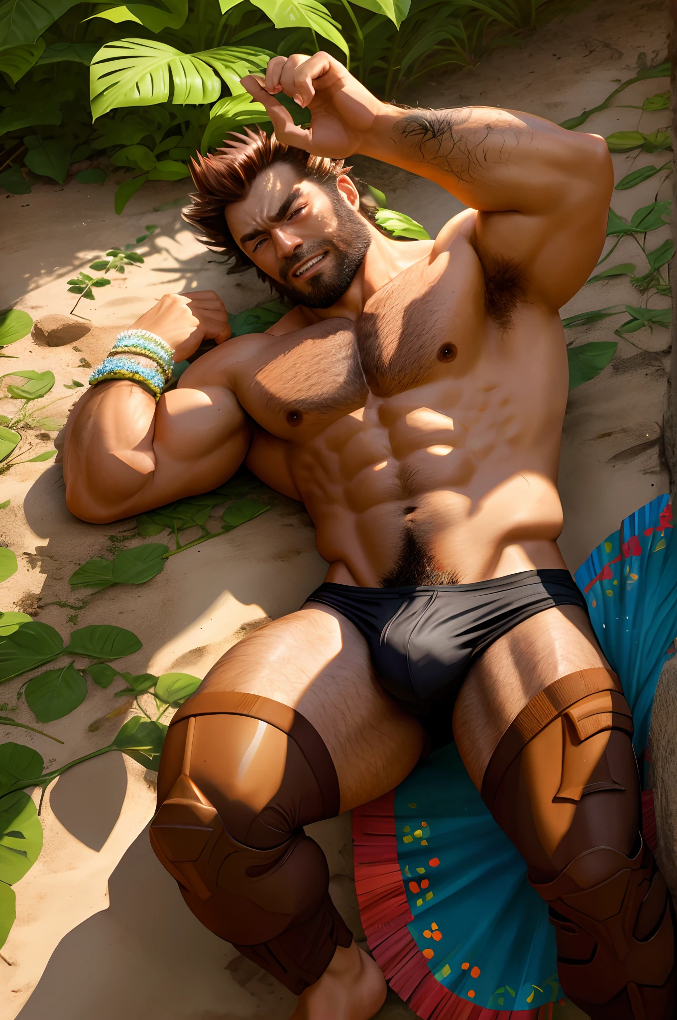 Wolverine dancing in a hula dance,Panties show off the figure ,Spread your legs,aged 40,Asian male,Nasolabial folds,sad expressions,Tears welled up in the corners of his eyes,Sweat all over the body,Naked upper body,The lower body is wearing a grass skirt,Oily skin reflexes,red brown hair,Reddish-brown beard,Huge pectoral muscles,Brownish-yellow skin,((Crotch bulge)),There are many plants around the environment,Detailed hair details,Paintings in the style of Gaston Busier,Floor plan,The image border has many flowers and leaves,globalillumination, CG-level lighting rendering,low-contrast, (best qualtiy),tmasterpiece,Detailed eyelid details